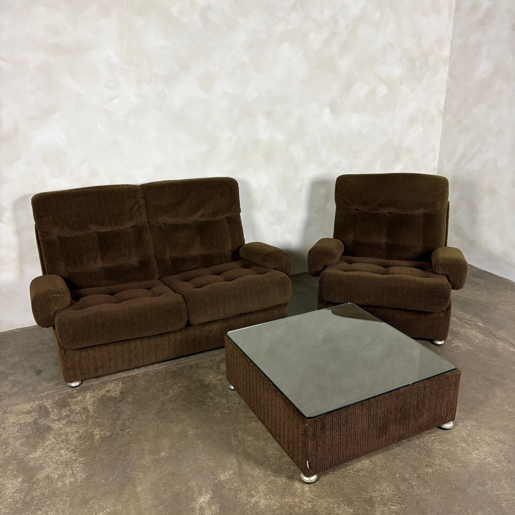 Mid Century Modular Brown Two Seater Sofa & Armchair With Coffee Table Vintage Retro MCM