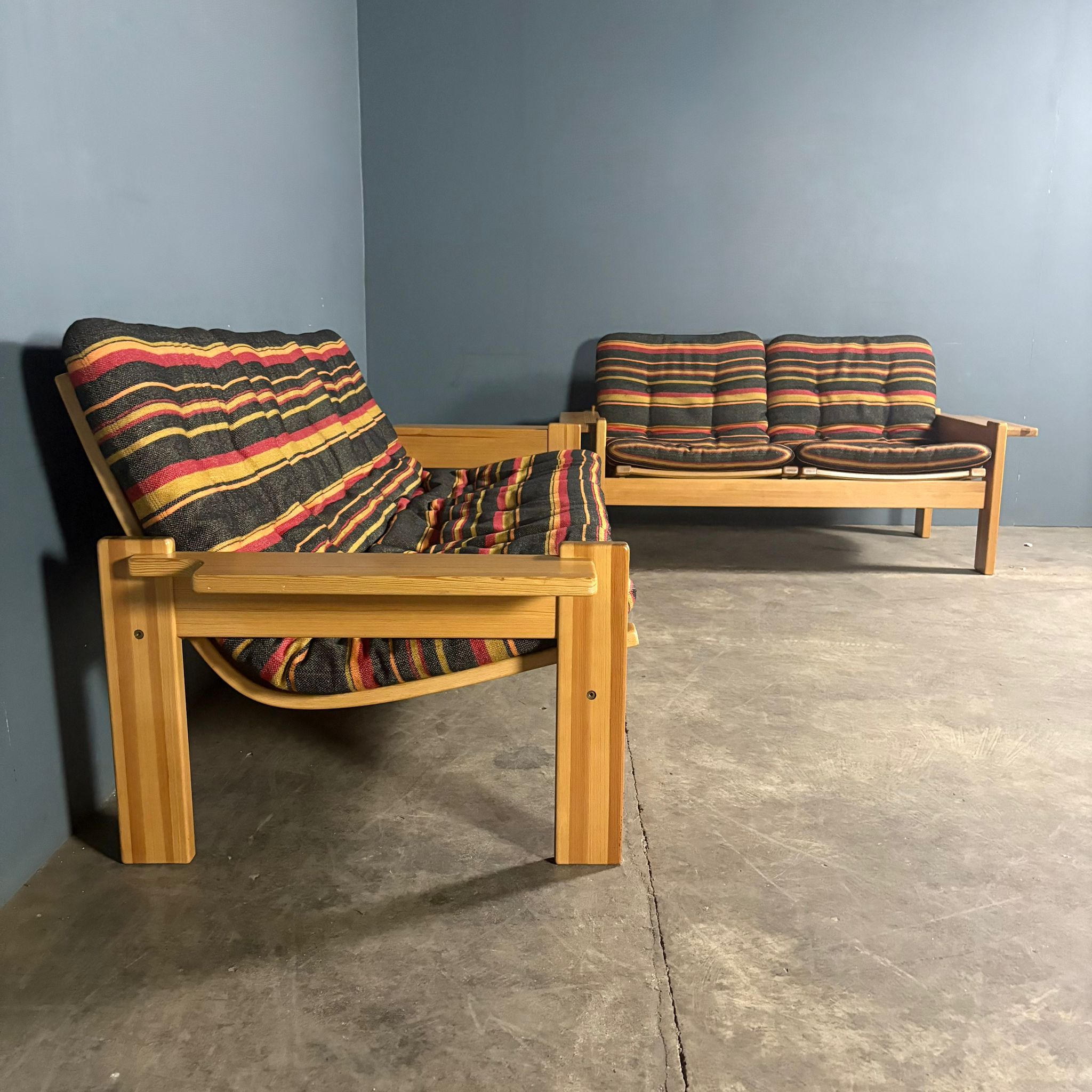 Mid Century Wool Pine Black Three Seater Sofa By Yngve Ekström For Swedese Vintage Retro MCM
