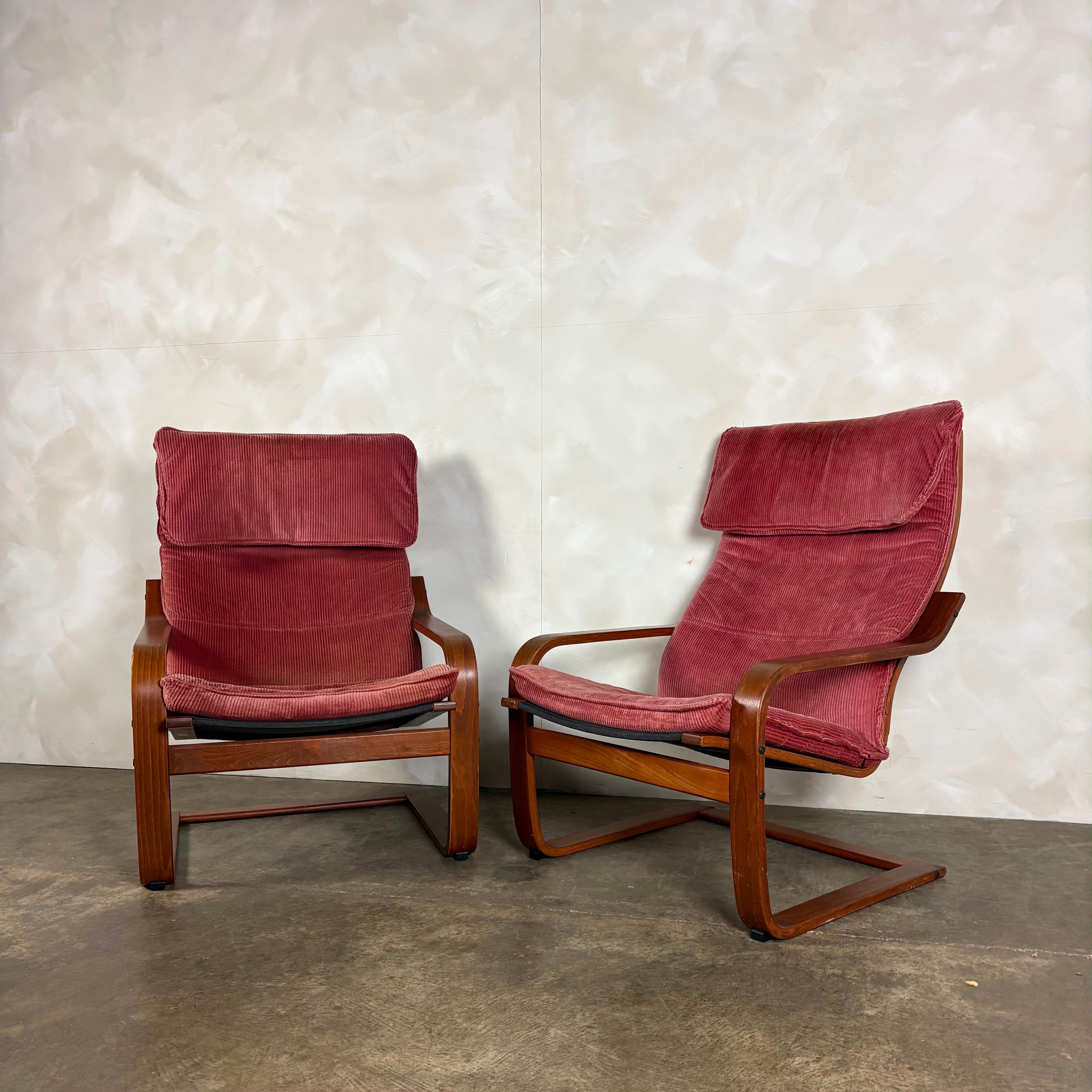 Pair Of Vintage Ikea Poäng Poem Armchairs Pink Corduroy Mid Century Retro MCM