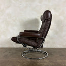 Mid Century Leather Norwegian Ekornes Brown Stressless Swivel Armchair & Footstool Vintage Retro MCM