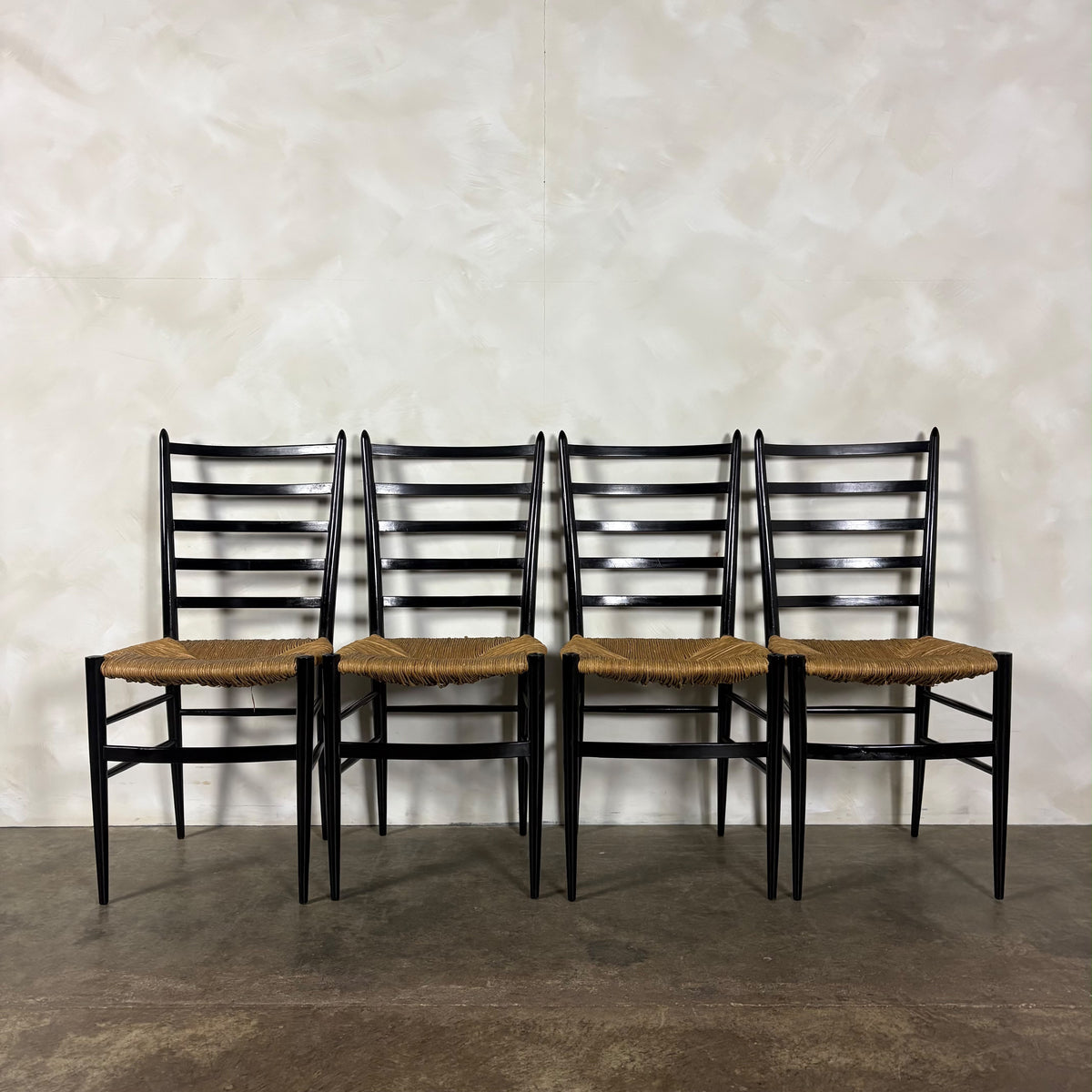 Set Of Four Italian Gio Ponti Style Ebonised Black Ladderback Dining Chairs Mid Century Vintage Retro MCM