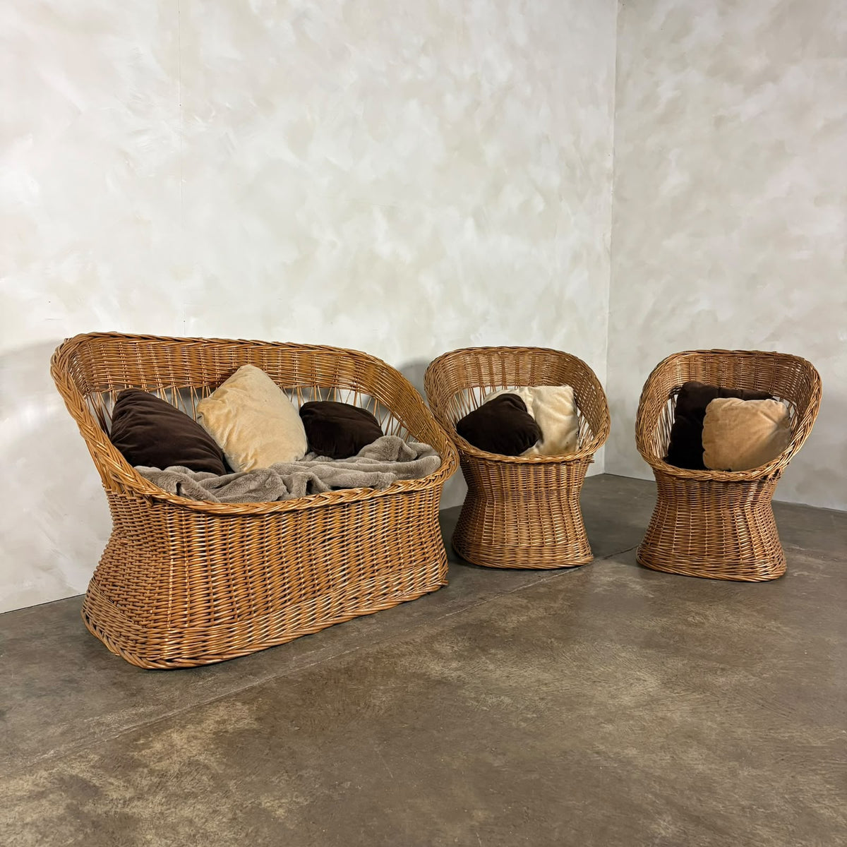 1970s Rattan Sofa & Pair Of Lounge Chairs Mid Century Vintage Retro MCM