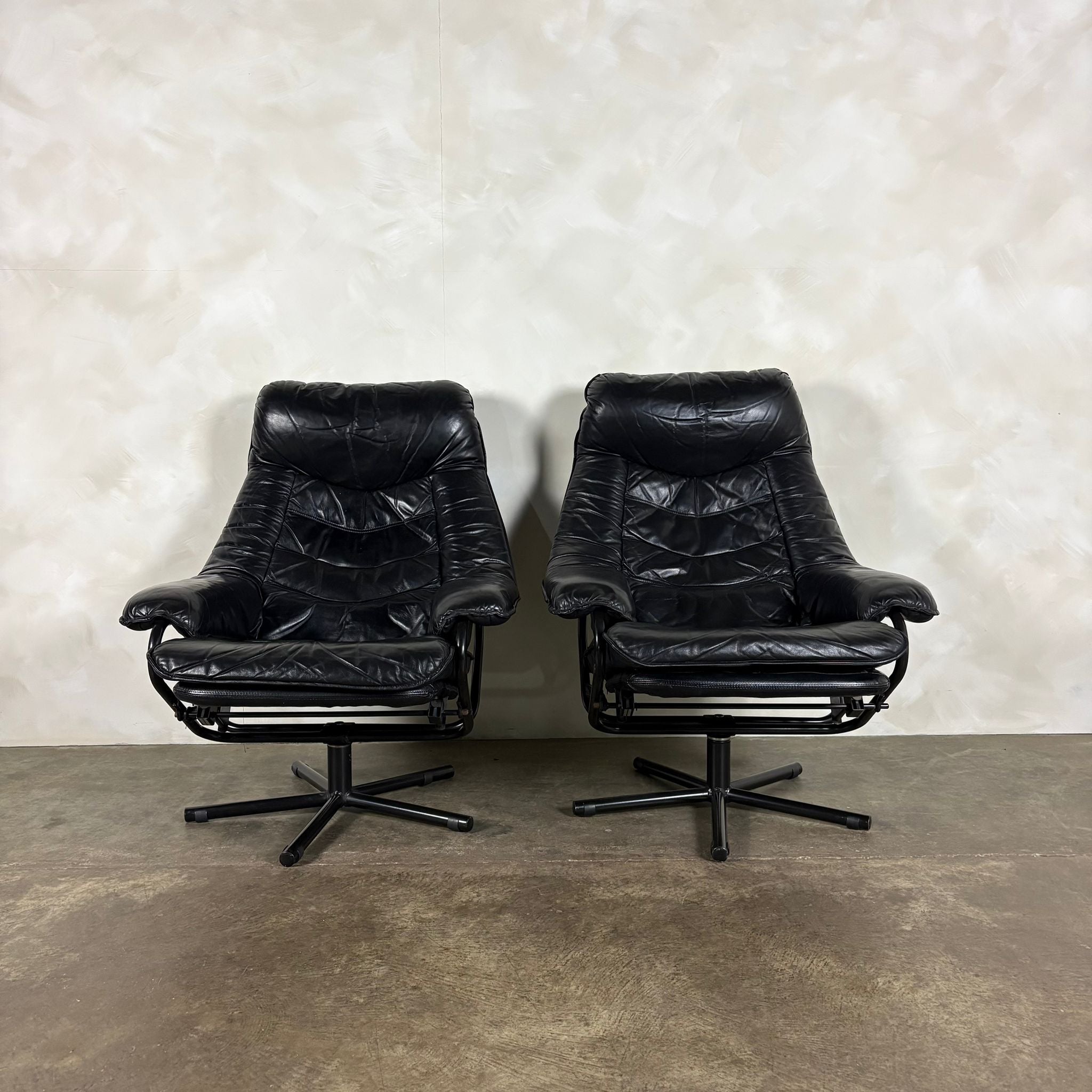 Black Leather Skoghaug Reclining Swivel Lounge Chair With Matching Footstool/Ottoman Mid Century Vintage Retro MCM
