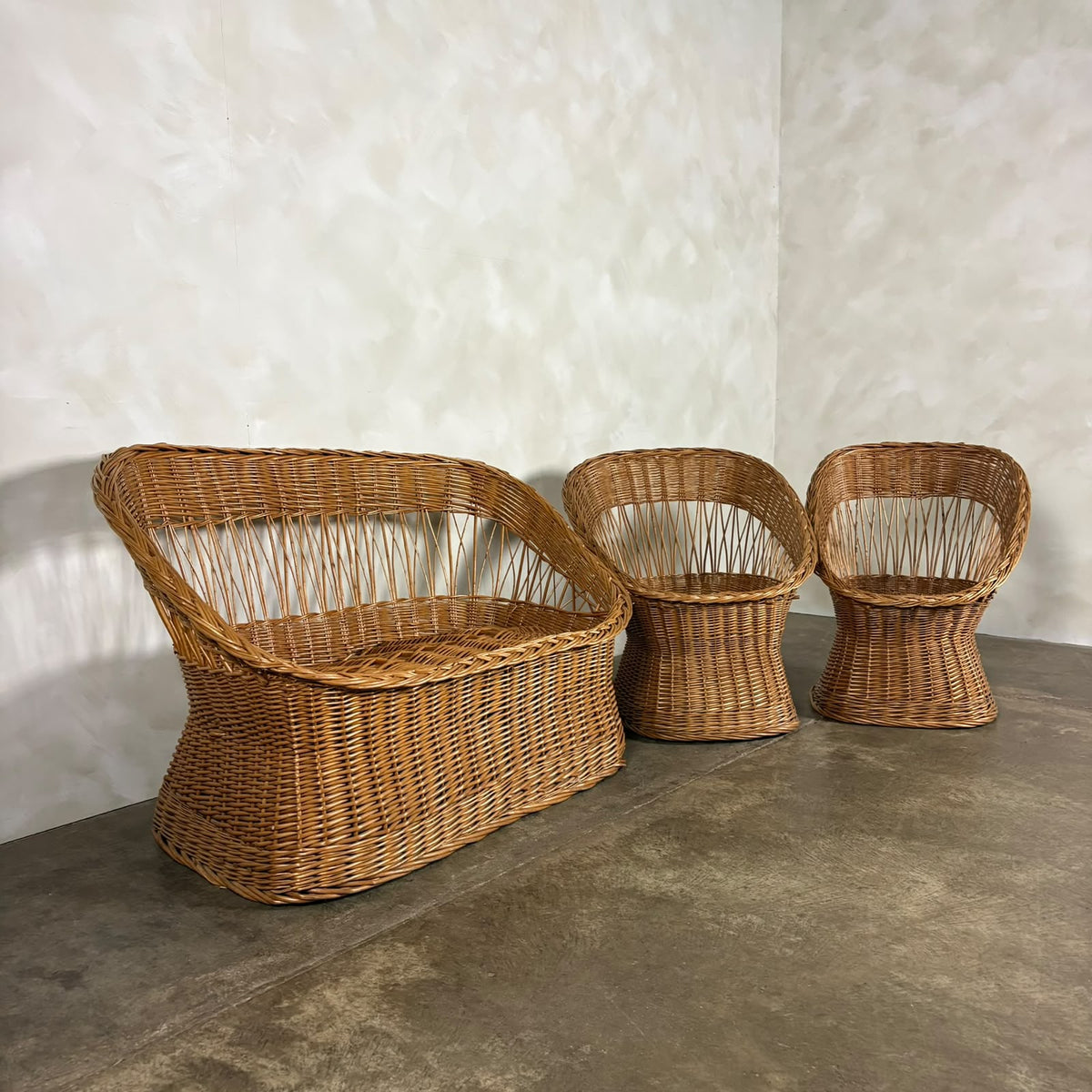 1970s Rattan Sofa & Pair Of Lounge Chairs Mid Century Vintage Retro MCM