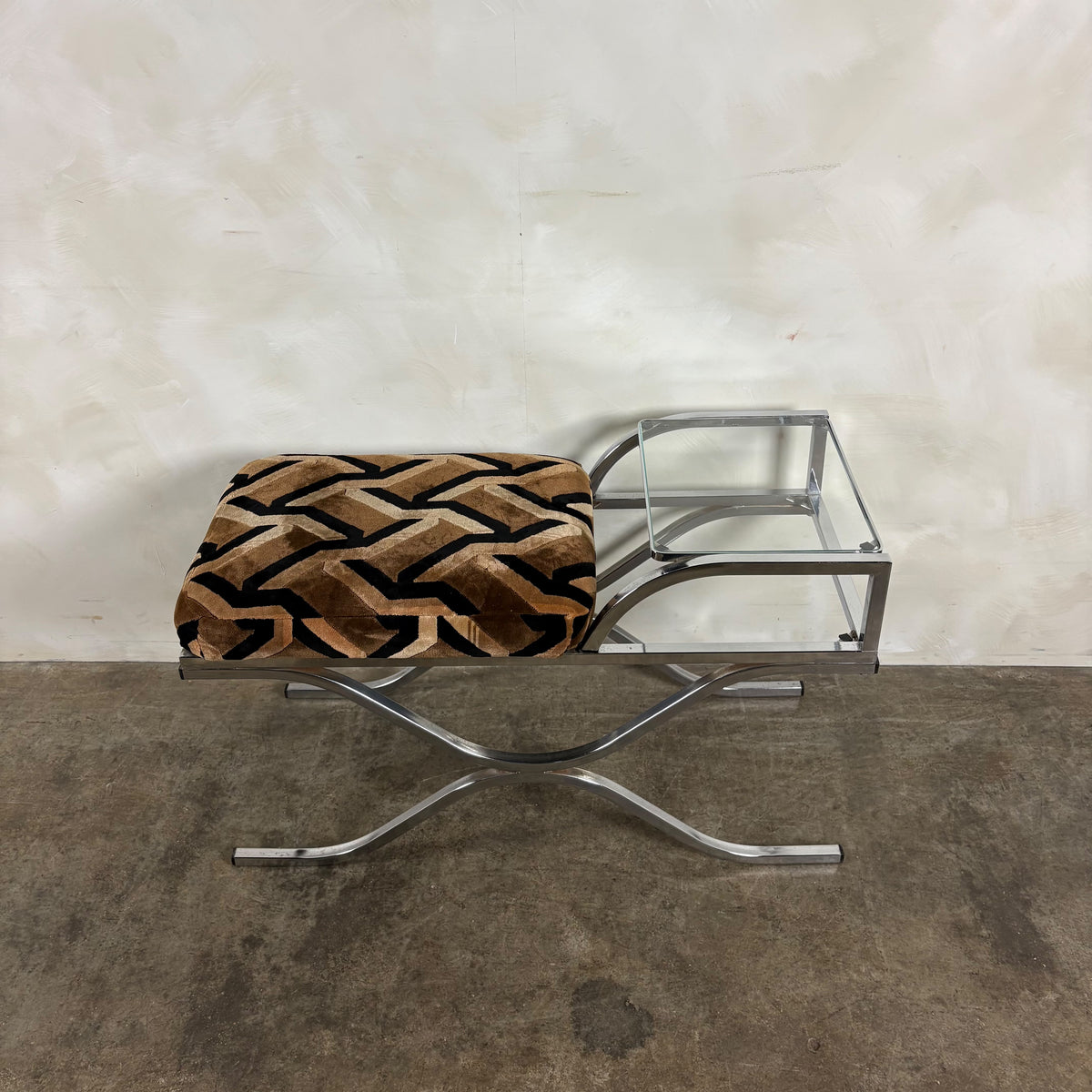 1970s Pieff Chrome & Geometric Fabric Upholstered Side Table/Seat Mid Century Vintage Retro MCM