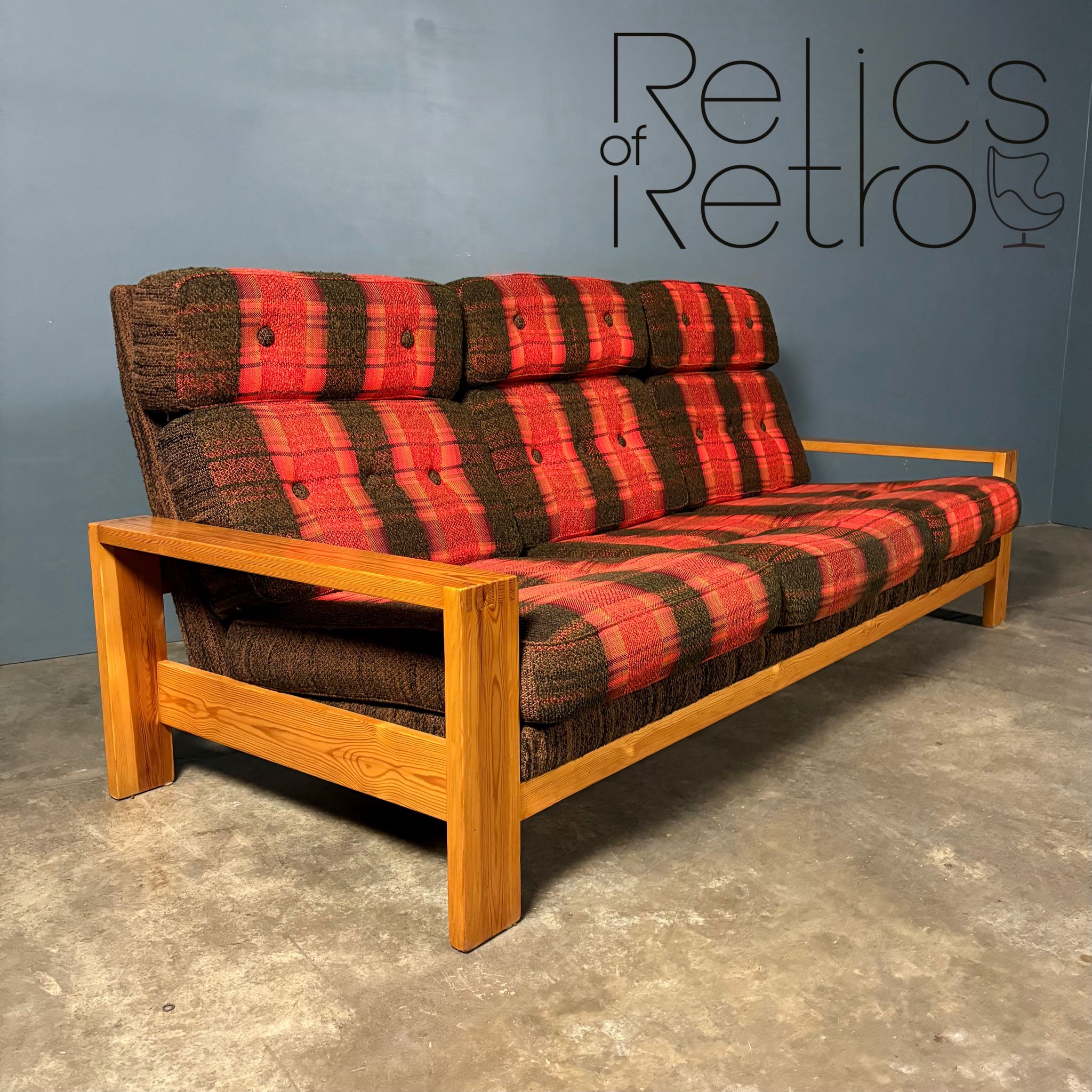 Three Seater Sofa Pine Mid Century Vintage Retro MCM