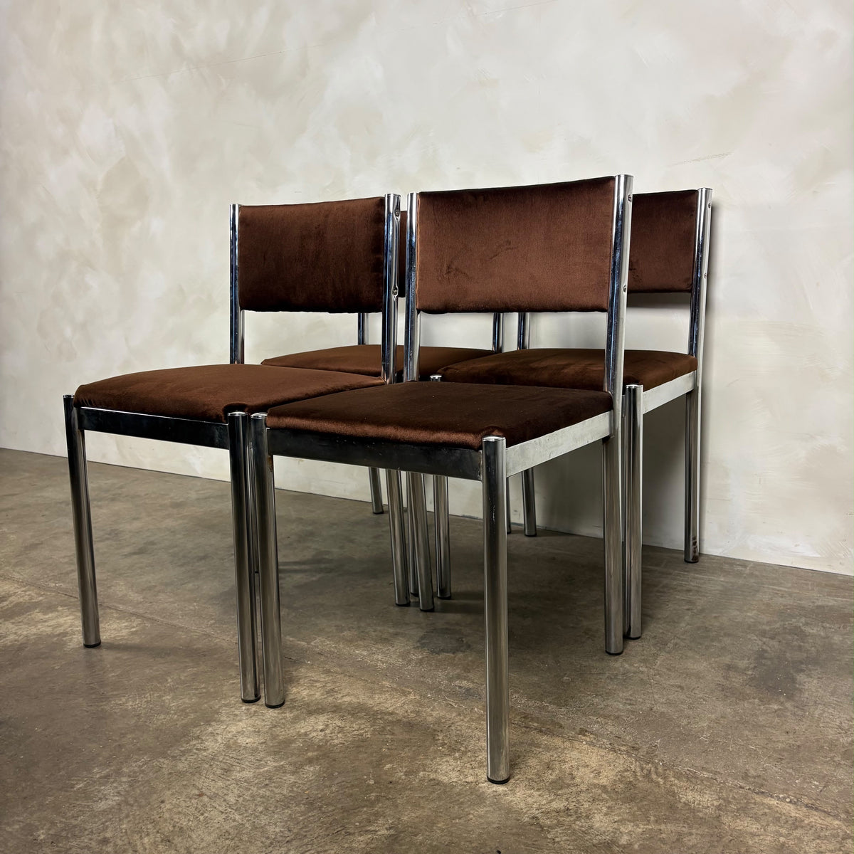 Set Of Four 1970s Chrome Brown Italian Dining Chairs Mid Century Vintage Retro MCM