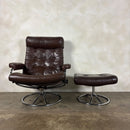 Mid Century Leather Norwegian Ekornes Brown Stressless Swivel Armchair & Footstool Vintage Retro MCM