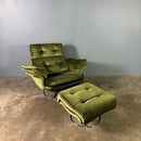 Mid Century Green Velvet Swivel Armchair & Matching Footstool Vintage Retro MCM