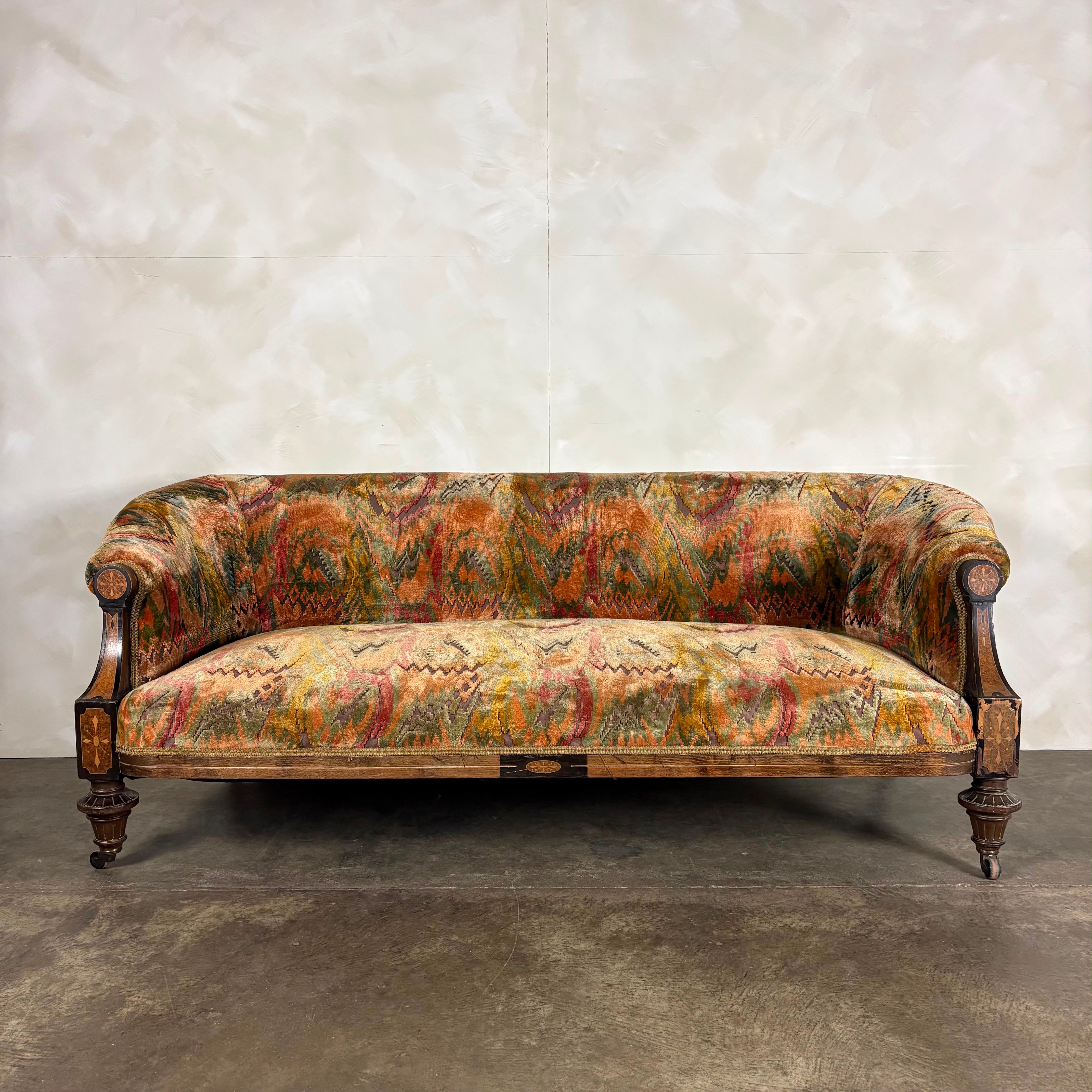 Antique Flamestitch Chesterfield Style Walnut Mahogany Three Seater Sofa Victorian