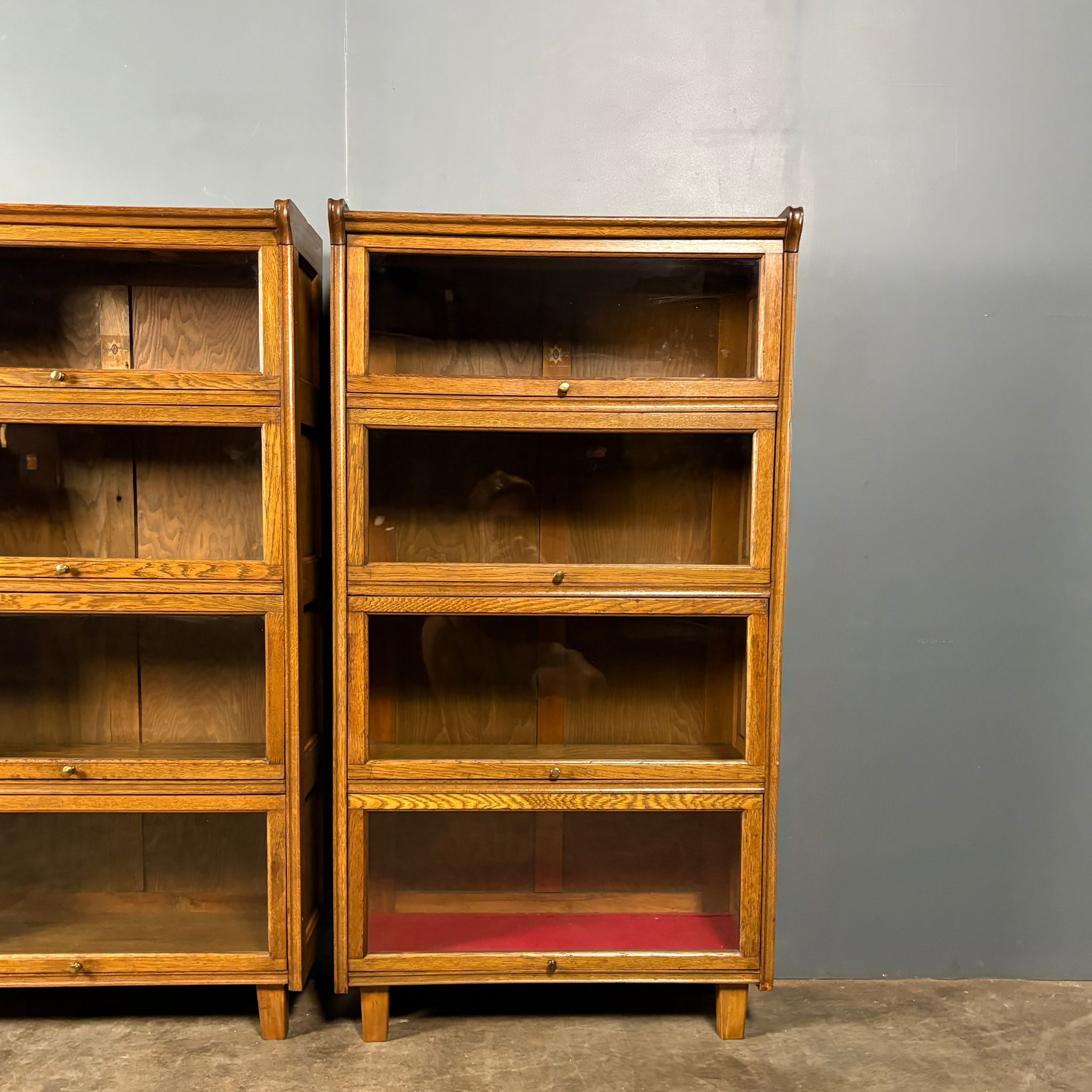 Pair Of English Oak Glass Fronted Tall Cabinets/Bookcases Globe Wernicke Style Mid Century Vintage Retro MCM