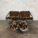 Pair Of Pieff Beta Swivel Lounge Chairs Geometric Fabric Footstool Mid Century Vintage Retro MCM