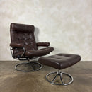 Mid Century Leather Norwegian Ekornes Brown Stressless Swivel Armchair & Footstool Vintage Retro MCM