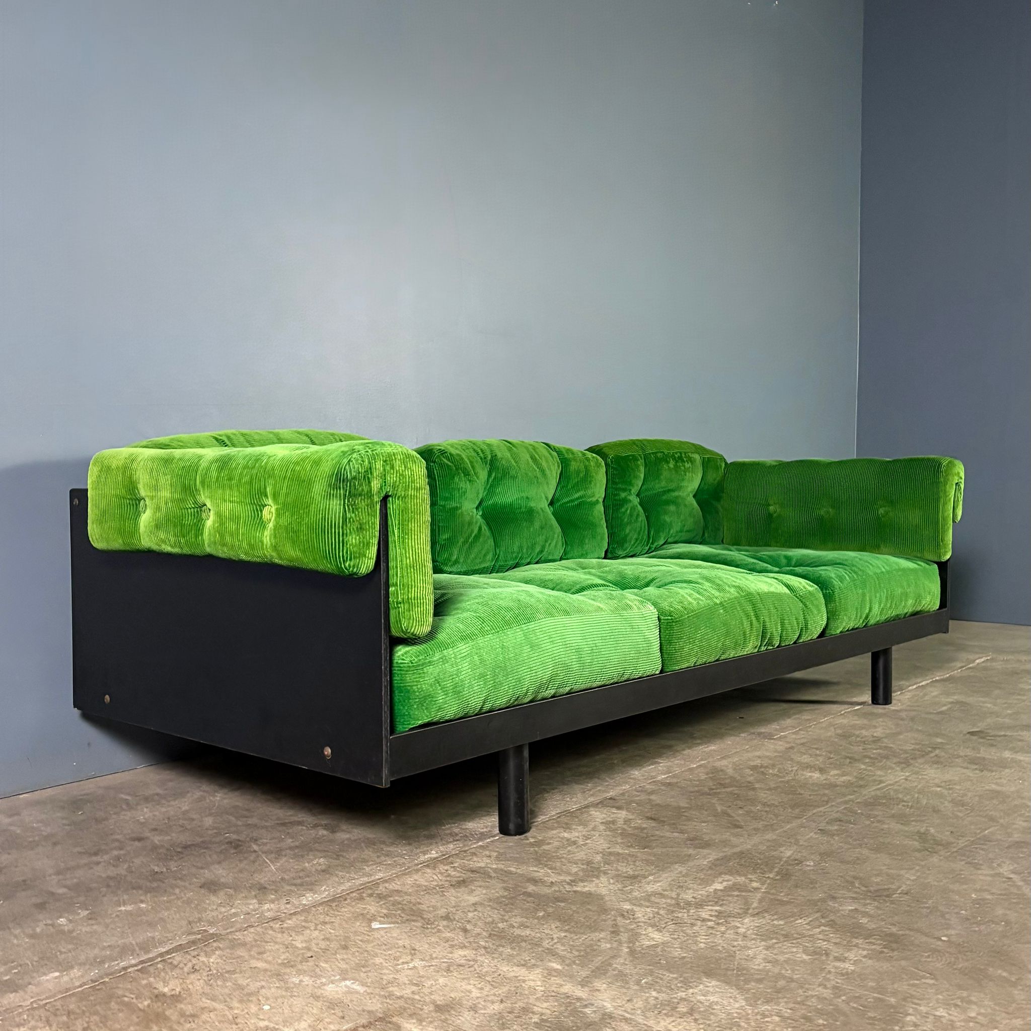 SOLD Mid Century Green Corduroy & Black Three Seater Sofa Vintage Retro MCM