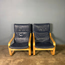 Pair Of Vintage Ikea Poäng Poem Armchairs Navy Blue Leather Mid Century Retro MCM