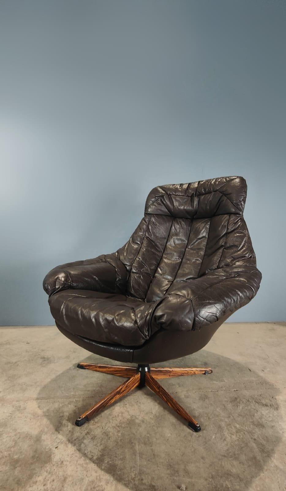 SOLD H.W Klein For Bramin Swivel Lounge In Brown Leather Mid Century Danish Vintage Retro MCM