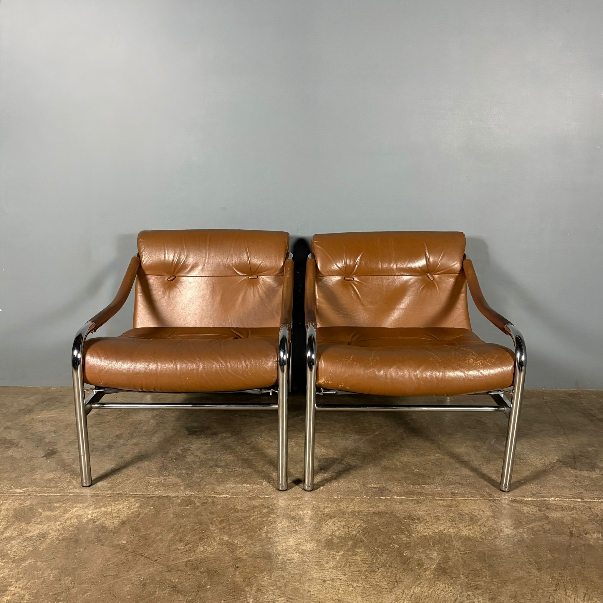 Mid Century Pair Of Pieff Beta Tan Brown Leather Lounge Chairs Vintage Retro MCM