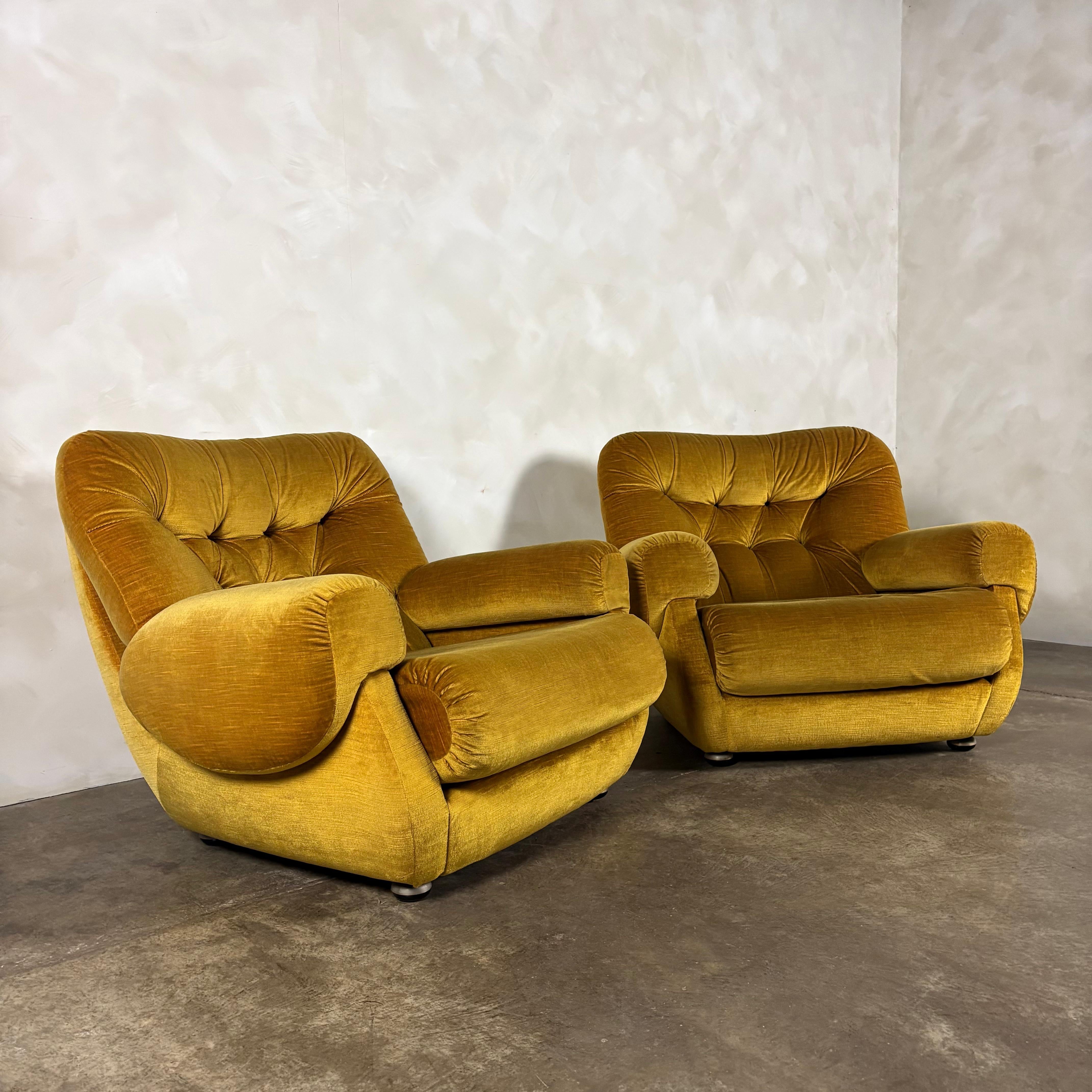 SOLD Mid Century G Plan Georgina Yellow Three Seater Sofa & Matching Pair Of Armchairs Yellow Velvet Vintage Retro MCM