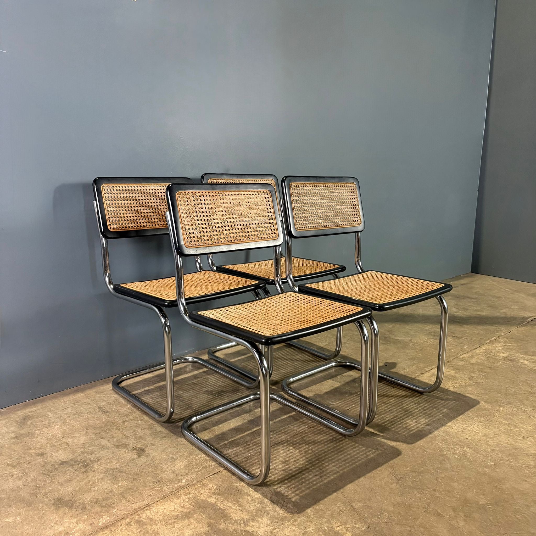 Four Black Cane Rattan Marcel Breuer Cesca Dining Chairs Mid Century Vintage Retro MCM Set 2