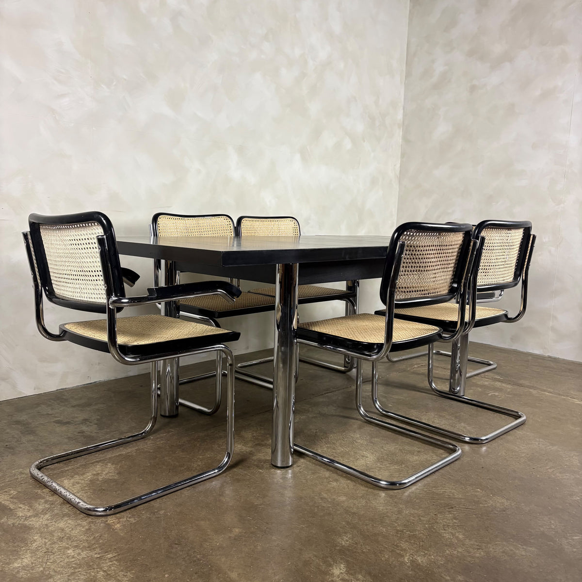 Six Black Marcel Breuer Cesca Bauhaus Dining Chairs With Matching Extending Dining Table Mid Century Vintage Retro MCM