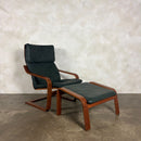 Pair Of Vintage Ikea Poäng Poem Armchairs & Matching Footstools Green Leather Mid Century Retro MCM