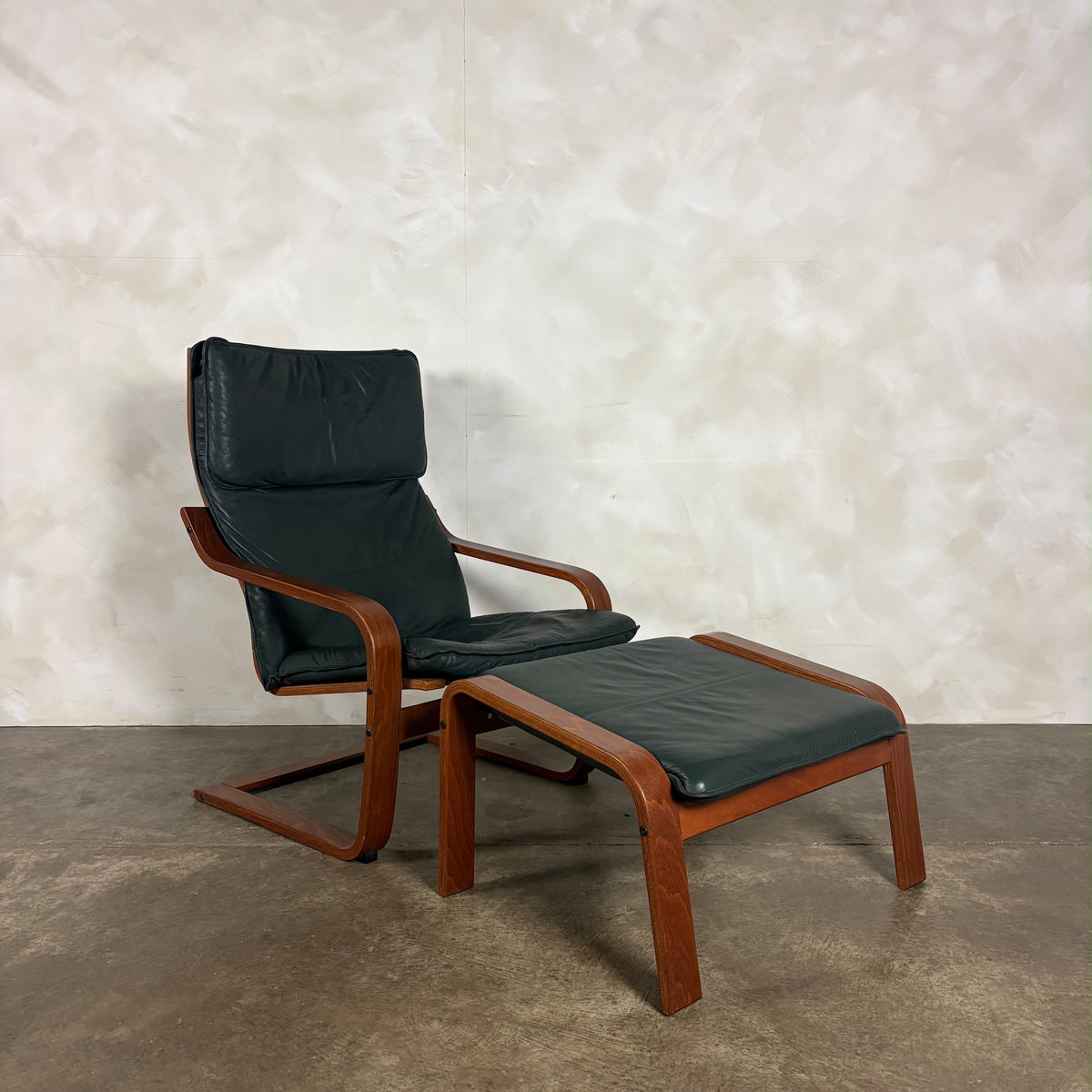 Pair Of Vintage Ikea Poäng Poem Armchairs & Matching Footstools Green Leather Mid Century Retro MCM