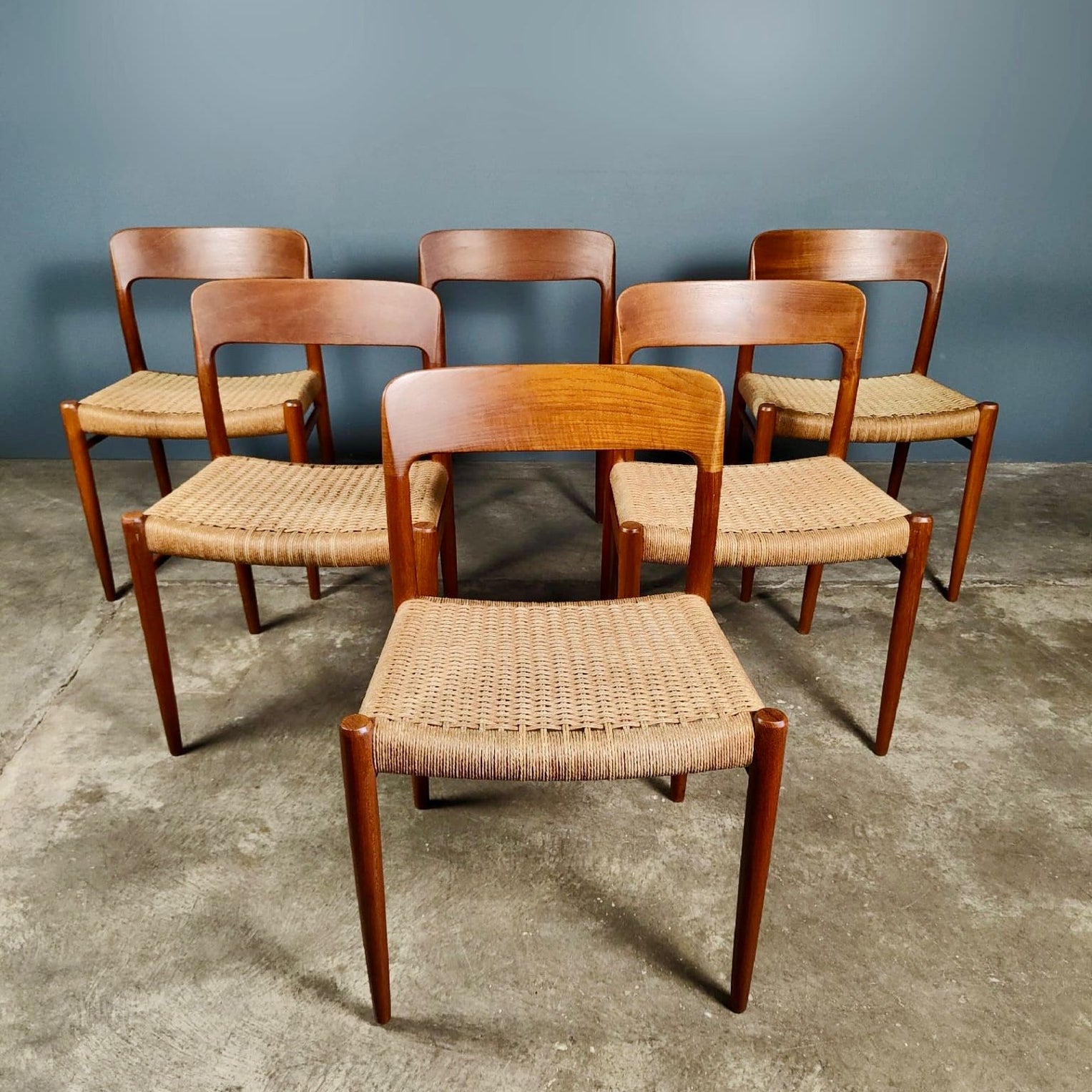 SOLD 6 x Danish Model 75 Papercord Dining Chairs By Niels Otto Møller JL Møllers Møbelfabrik Mid Century Vintage Retro MCM