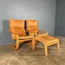 SOLD Pair Of Vintage Ikea Poäng Poem Armchairs & Matching Footstool Tan Brown Leather Mid Century Retro MCM