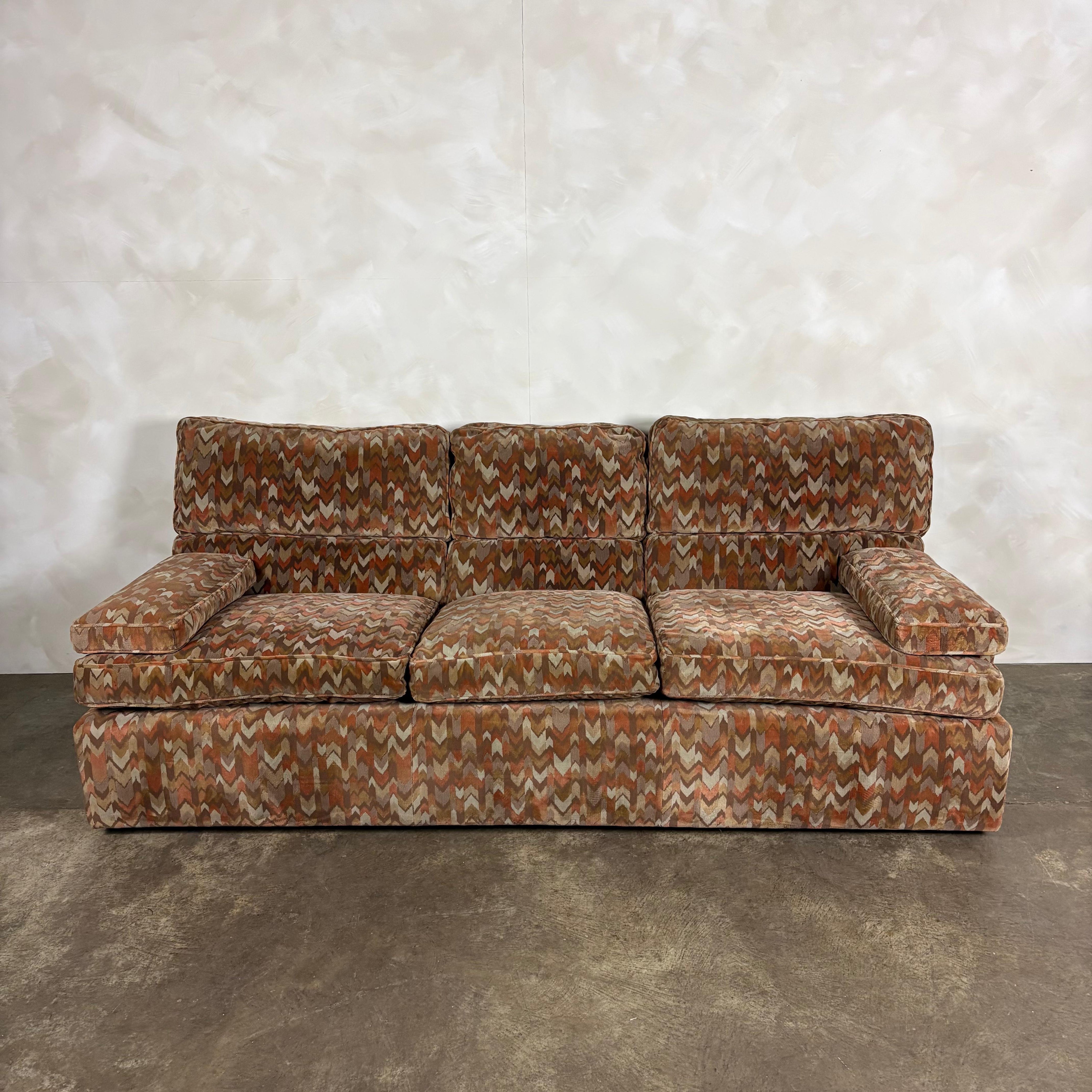 1980s Three Seater Geometric Patterned Sofa & Footstool Post Modern Mid Century Vintage Retro MCM