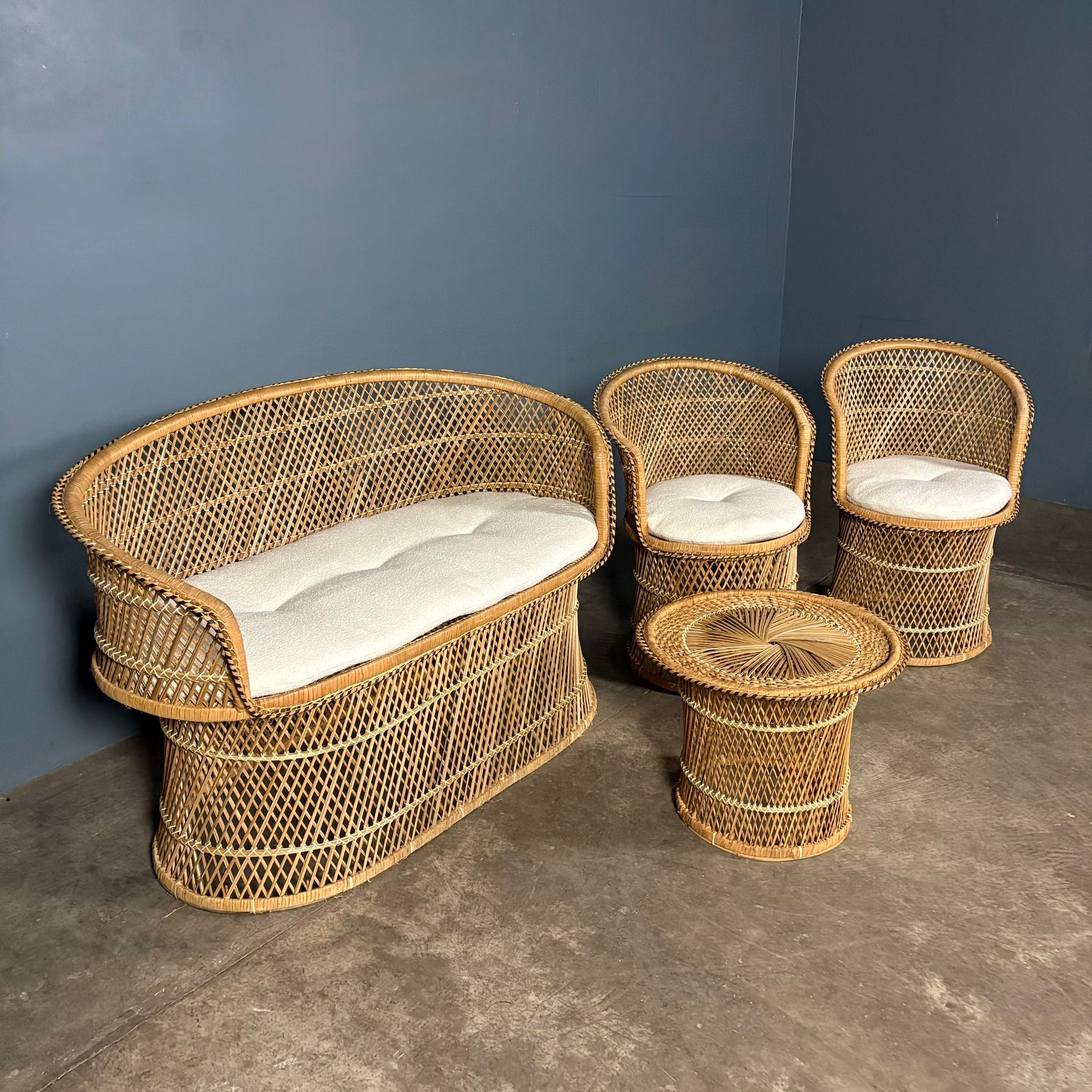 SOLD Mid Century Rattan Bamboo Two Seater Sofa, Pair Of Armchairs & Table Vintage Retro MCM