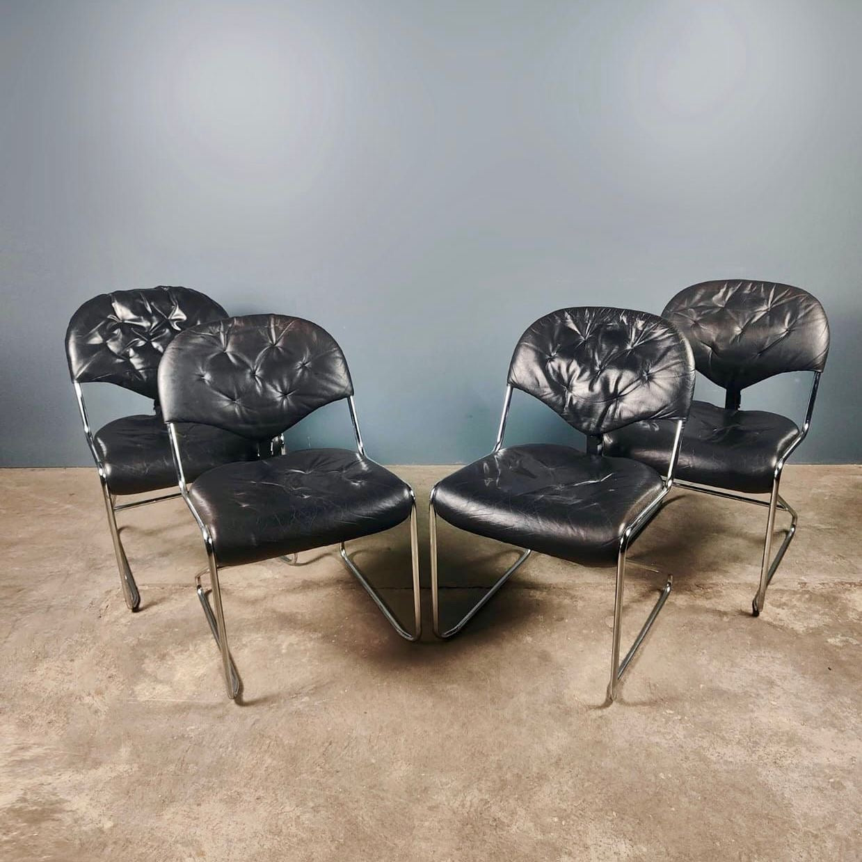 Sam Larsson For Dux Sweden ‘Sam’ Four Black Leather Dining Chairs Mid Century Vintage Retro MCM