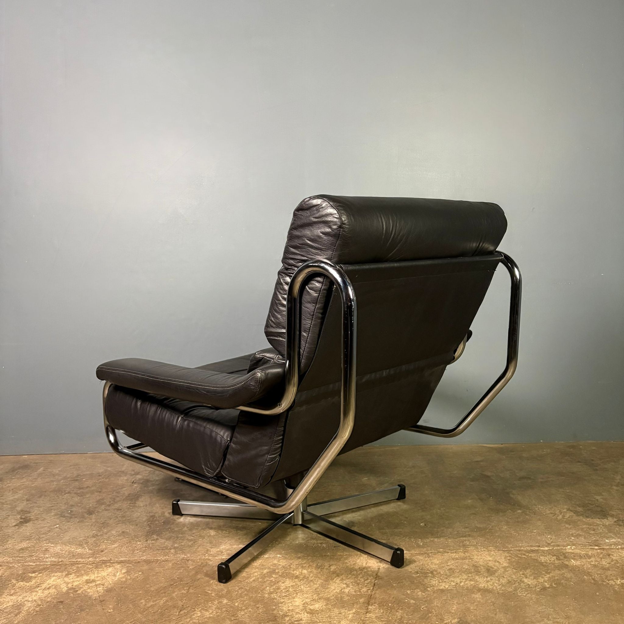 SOLD Mid Century Pieff Alpha Black Leather Swivel Lounge Chair Vintage Retro MCM