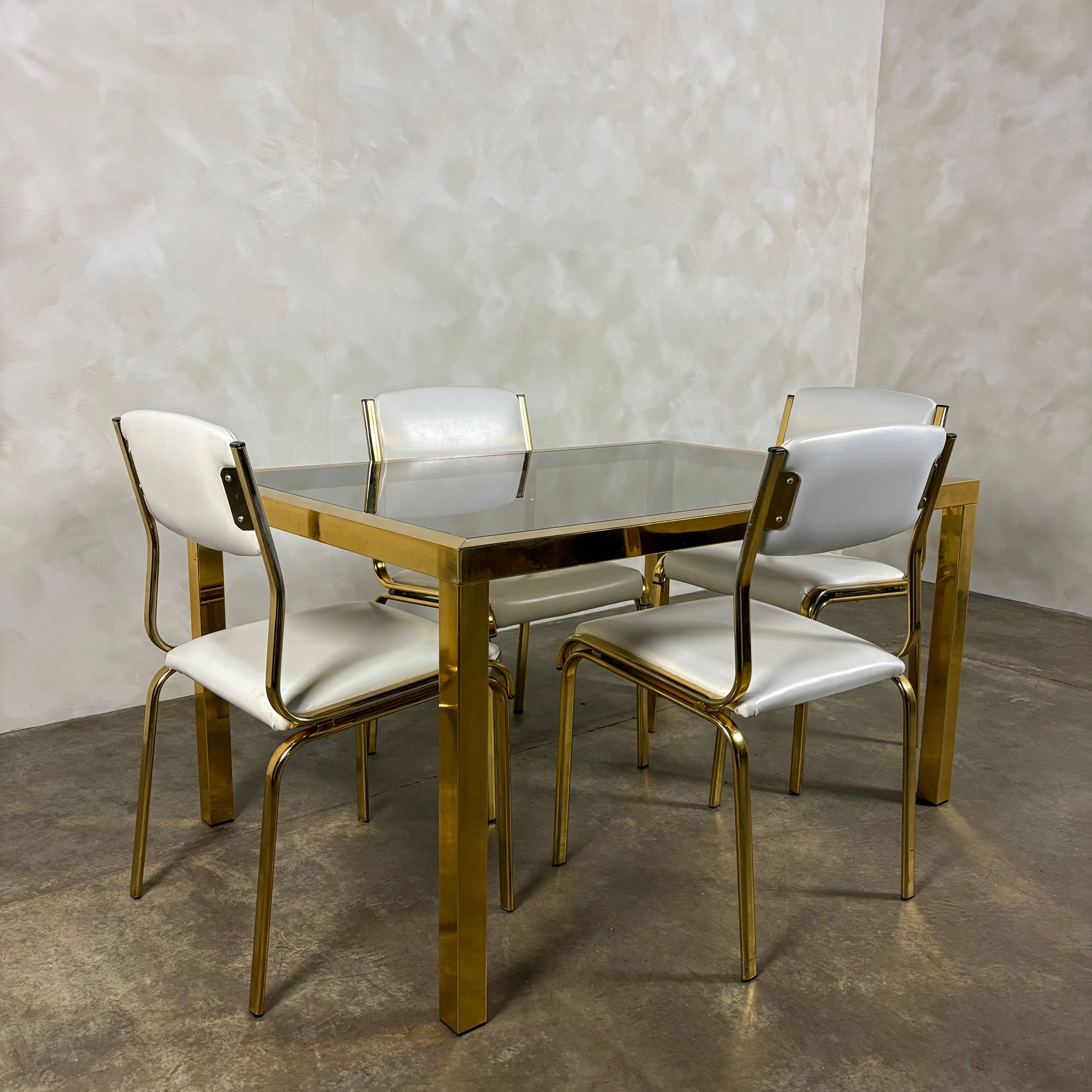 SOLD Brass & Glass Dining Table With Four Matching Brass Dining Chairs Mid Century Vintage Retro MCM