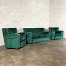 Vintage Art Deco Three Seater Sofa & Pair Of Armchairs In Emerald Turquoise Green Velvet