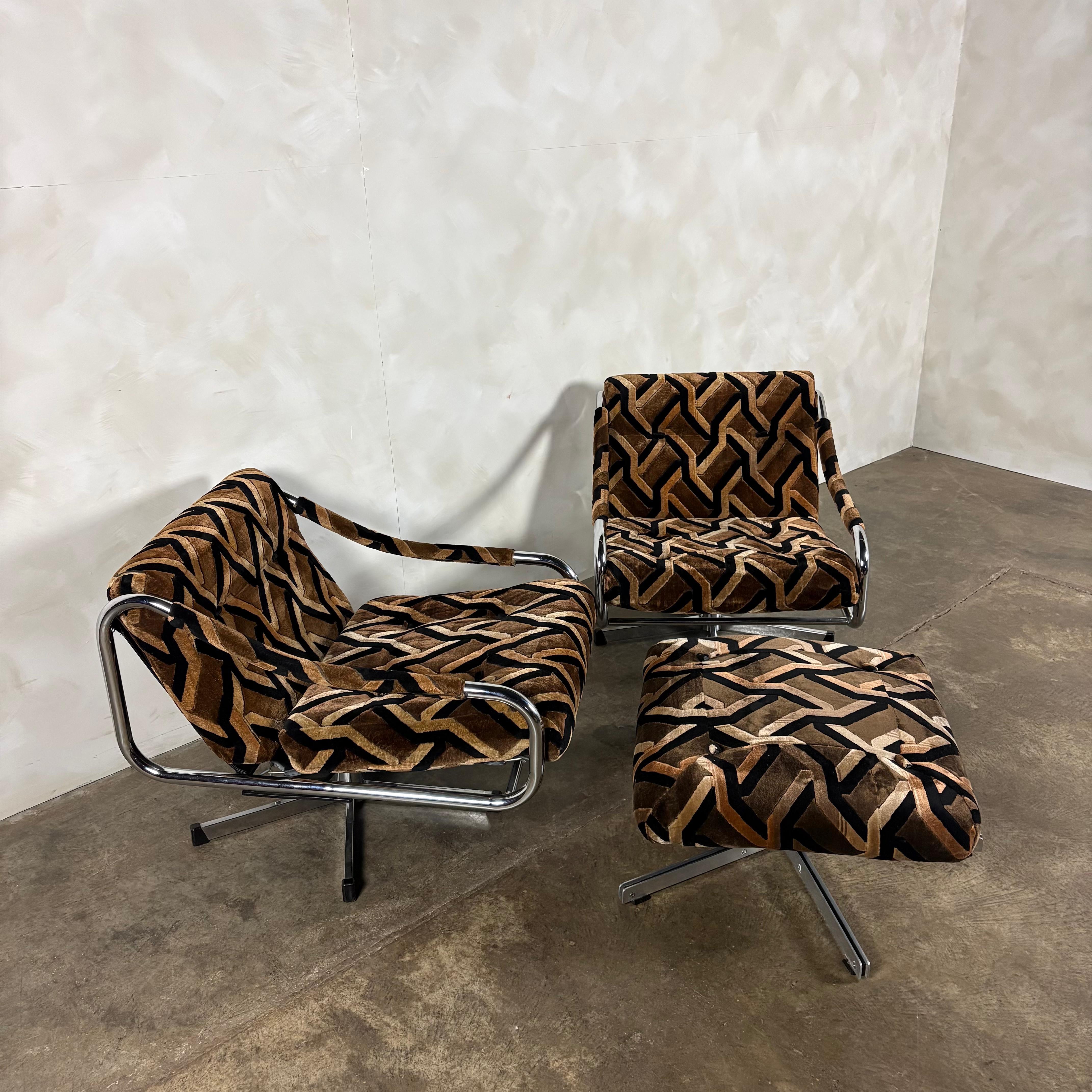 Pair Of Pieff Beta Swivel Lounge Chairs Geometric Fabric Footstool Mid Century Vintage Retro MCM