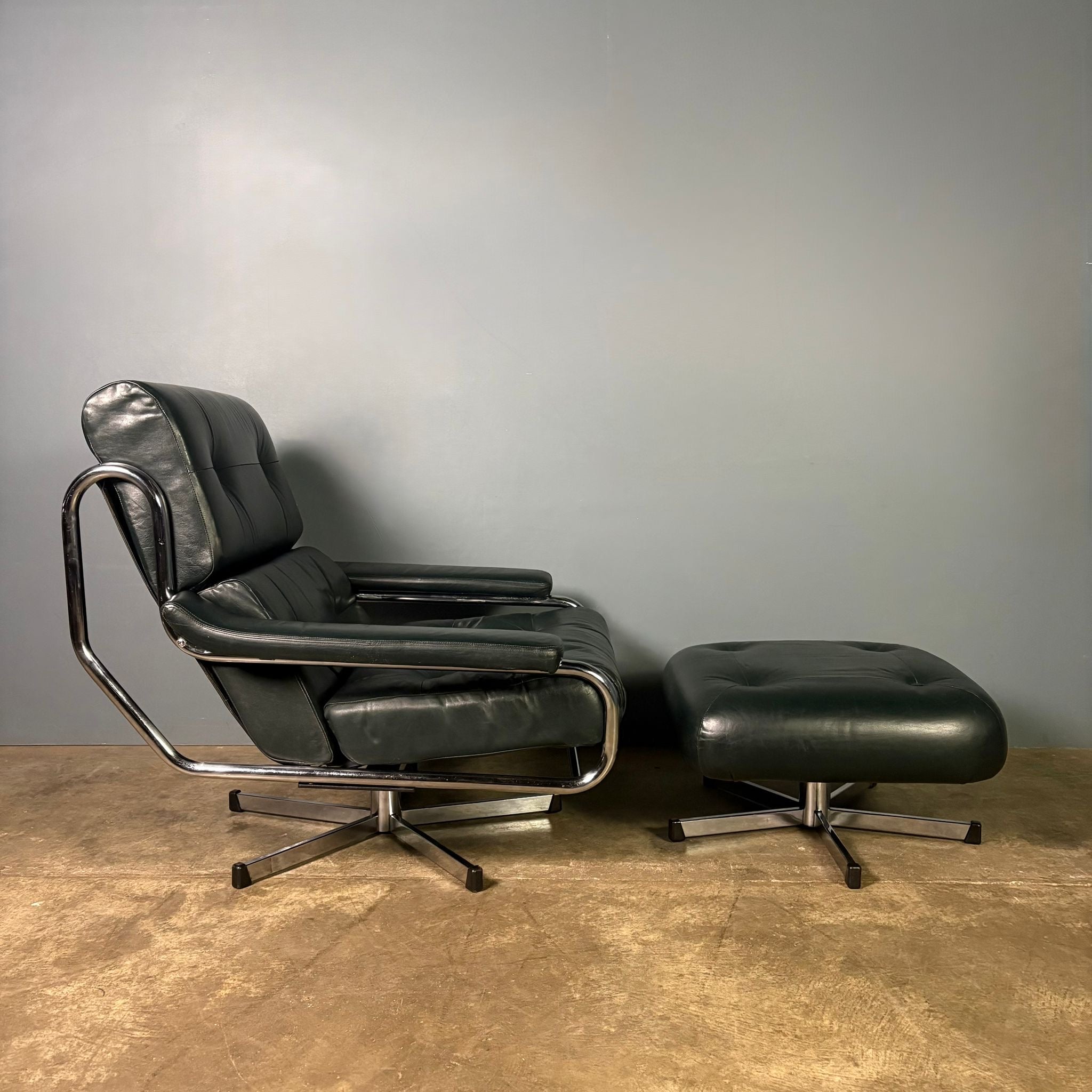 SOLD Mid Century Pieff Alpha Dark Green Leather Swivel Lounge Chair & Footstool Vintage Retro MCM