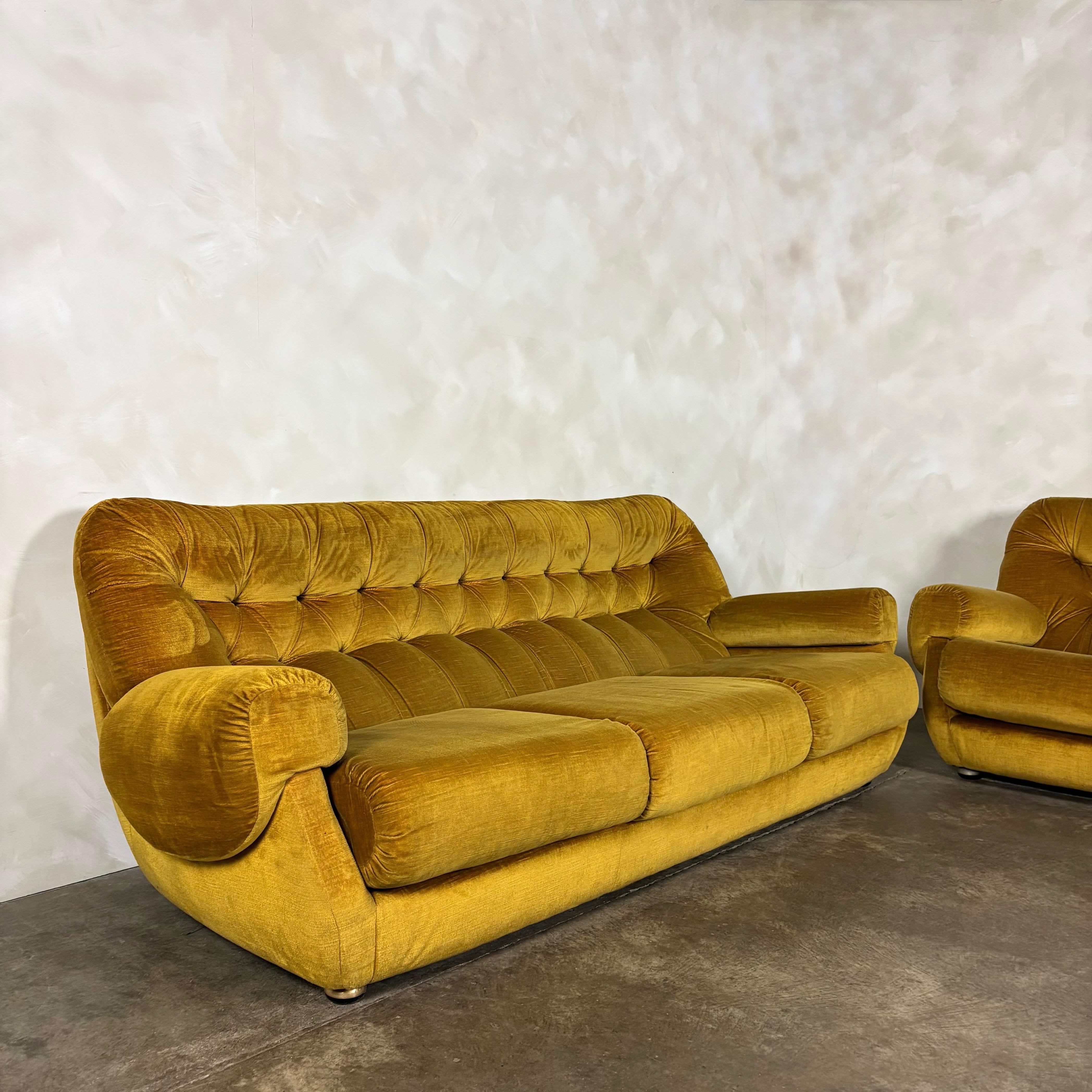 SOLD Mid Century G Plan Georgina Yellow Three Seater Sofa & Matching Pair Of Armchairs Yellow Velvet Vintage Retro MCM
