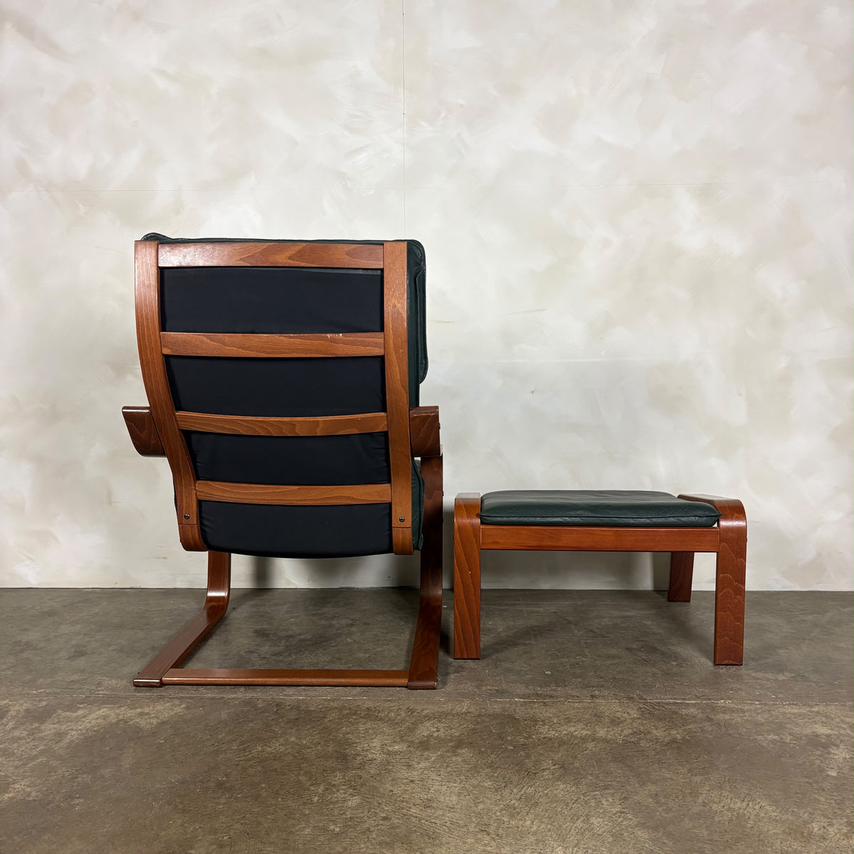 Pair Of Vintage Ikea Poäng Poem Armchairs & Matching Footstools Green Leather Mid Century Retro MCM