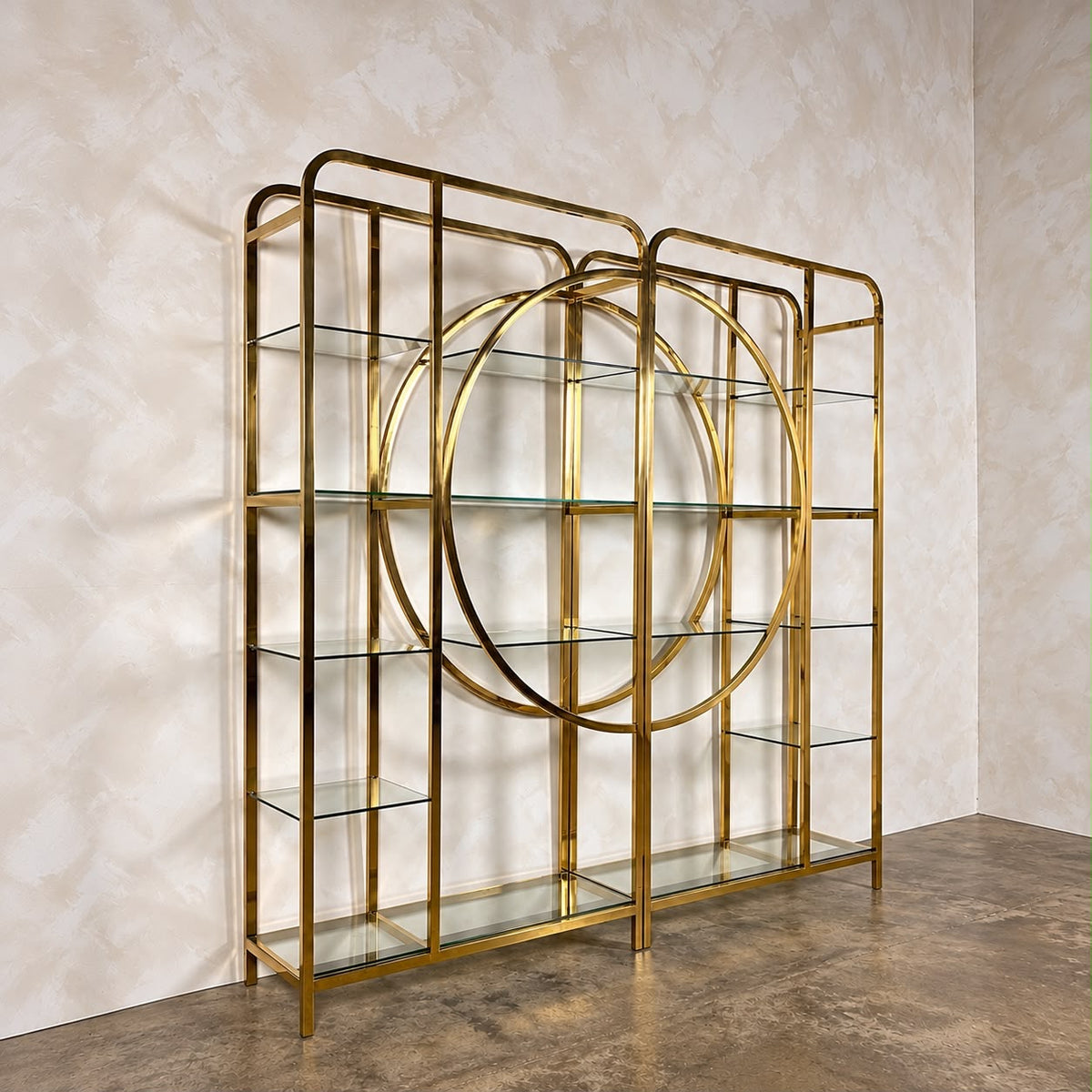 Pair Of Large Brass & Glass Milo Baughman Art Deco Etagerès Shelves Mid Century Vintage Retro MCM