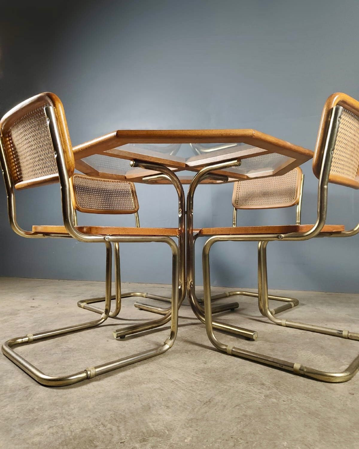 SOLD Dining Table & Chairs Cesca B32 Marcel Breuer Style Gold Brass Mid Century Vintage Retro MCM