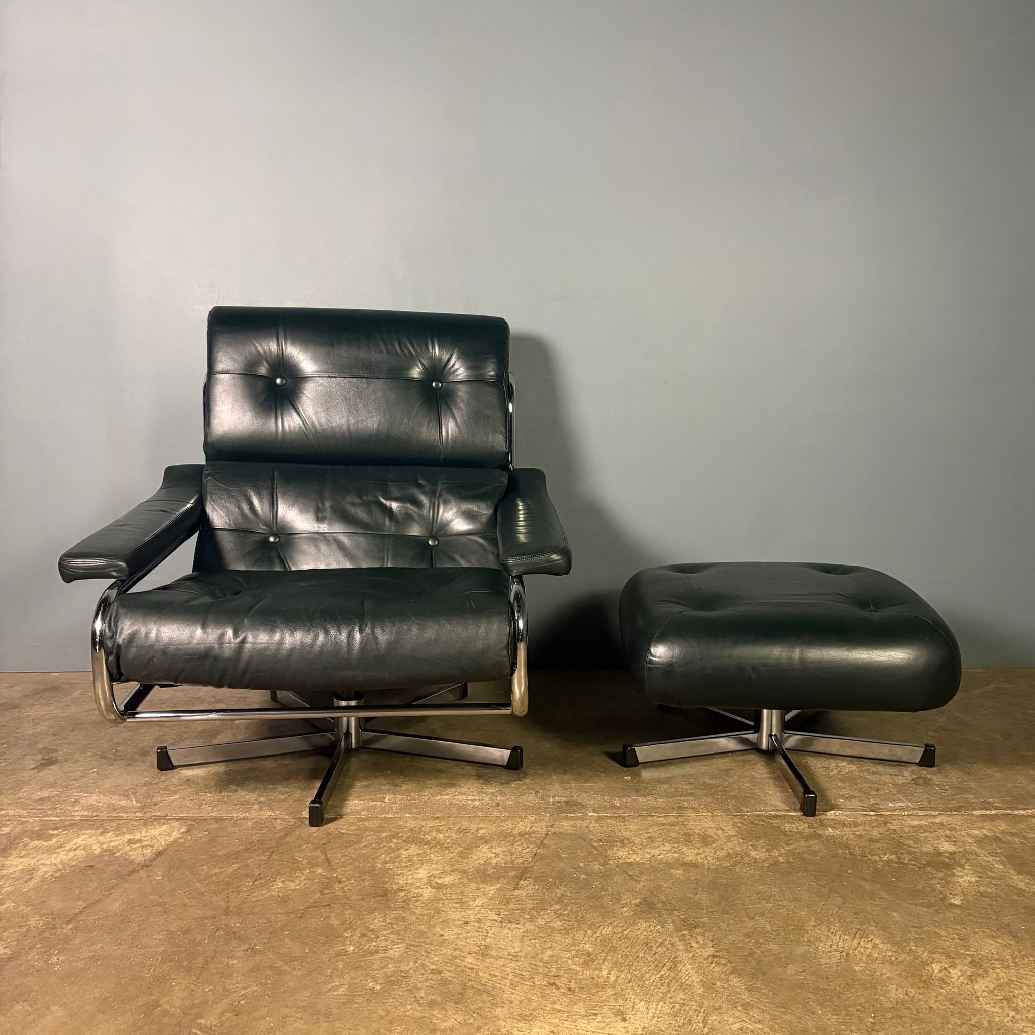 SOLD Mid Century Pieff Alpha Dark Green Leather Swivel Lounge Chair & Footstool Vintage Retro MCM