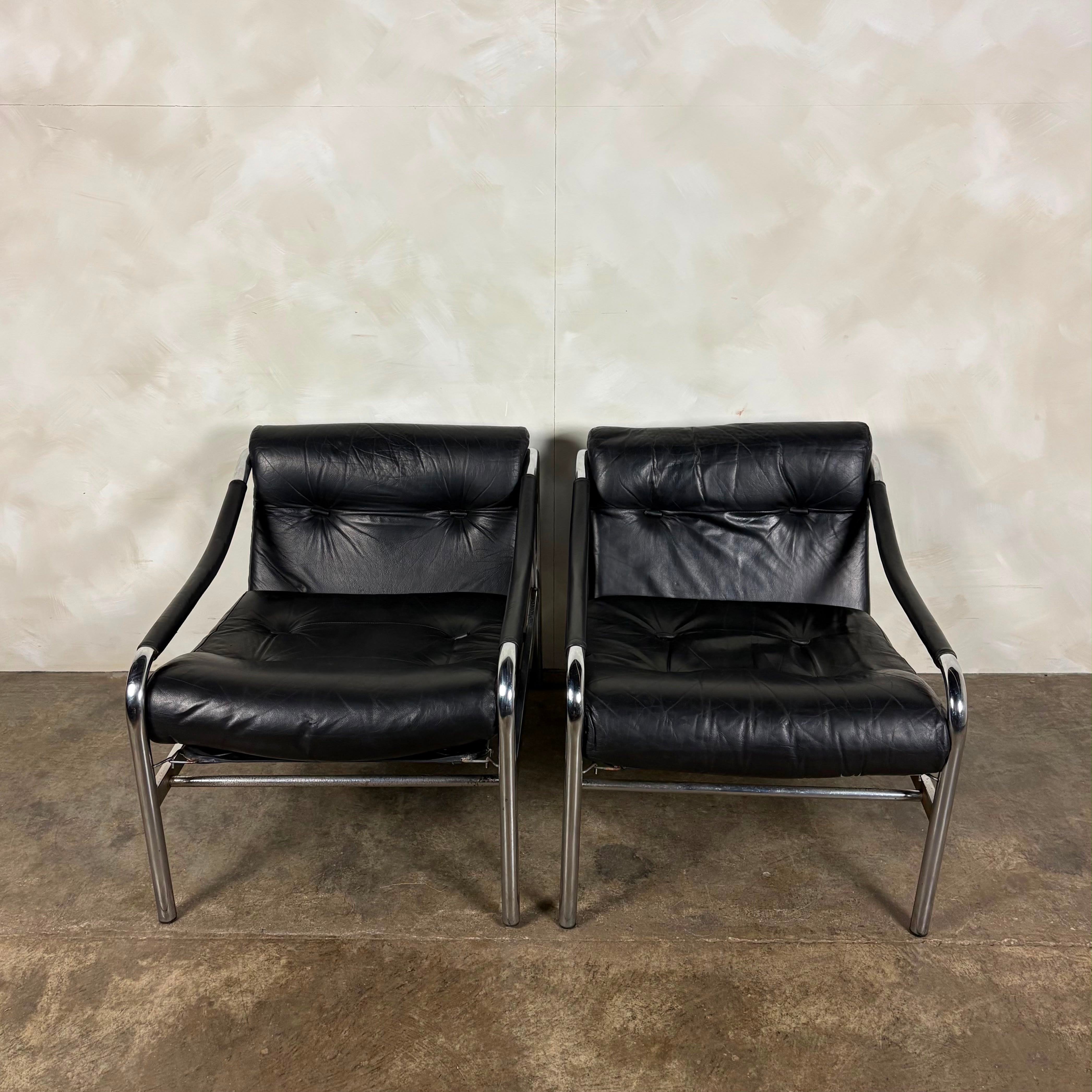 Pair Of Pieff Beta Lounge Chairs In Black Leather Mid Century Vintage Retro MCM