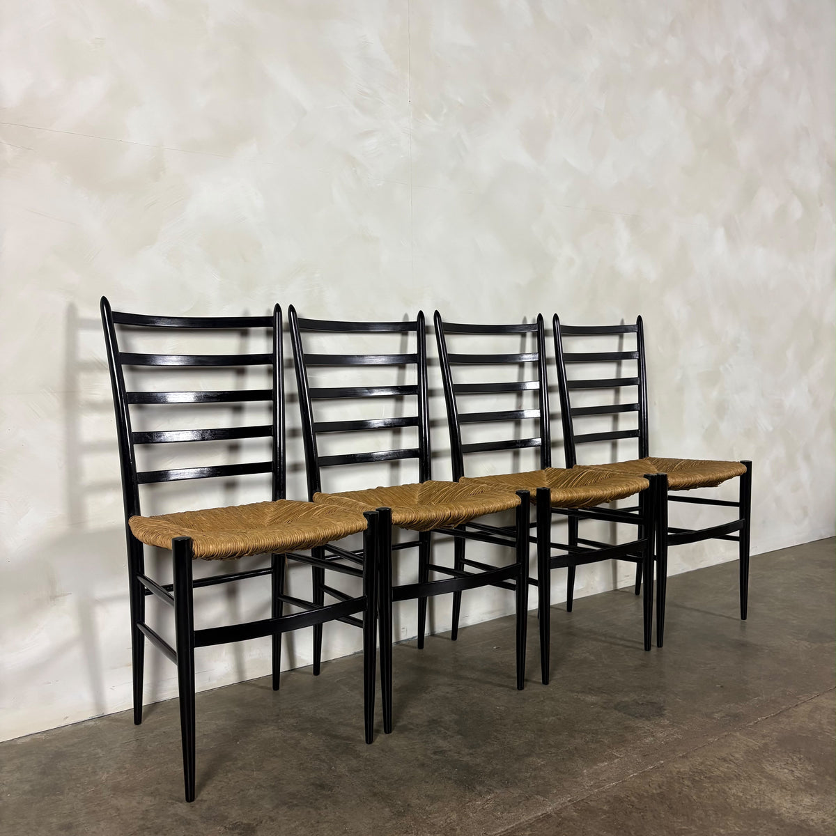 Set Of Four Italian Gio Ponti Style Ebonised Black Ladderback Dining Chairs Mid Century Vintage Retro MCM