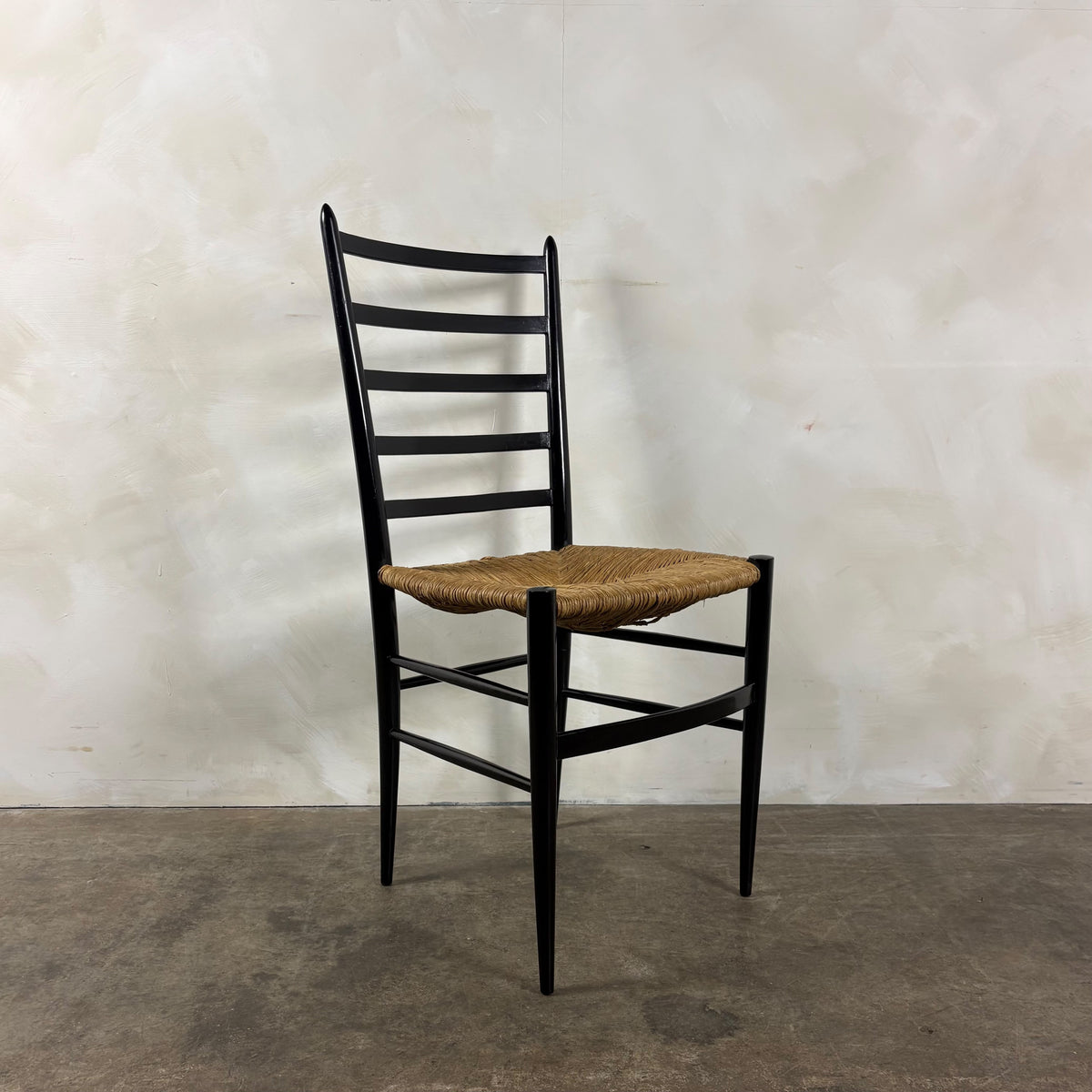 Set Of Four Italian Gio Ponti Style Ebonised Black Ladderback Dining Chairs Mid Century Vintage Retro MCM