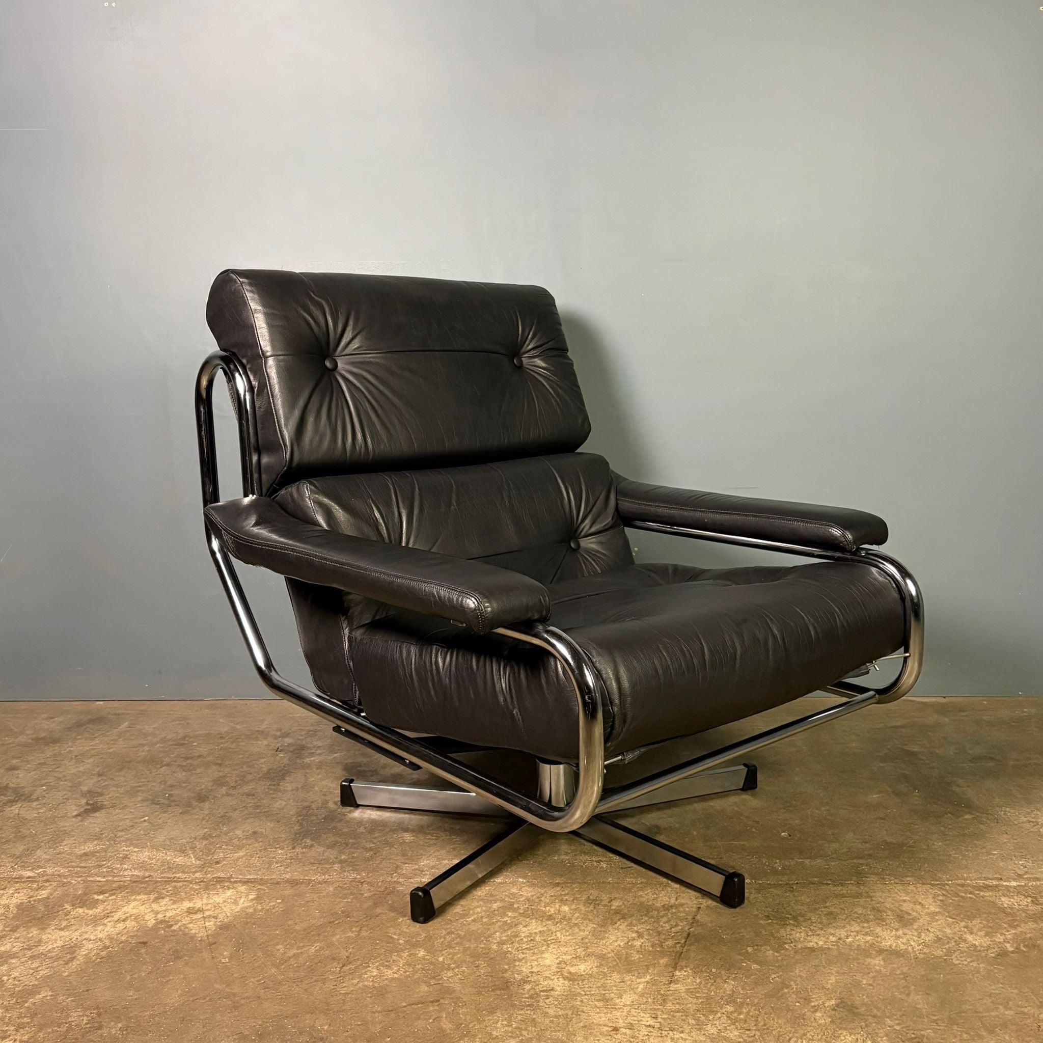 SOLD Mid Century Pieff Alpha Black Leather Swivel Lounge Chair Vintage Retro MCM