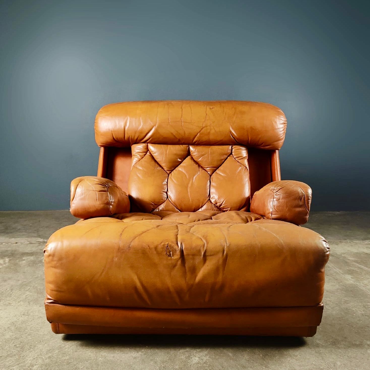 SOLD Tetrad Tan Brown Leather Sofa Chair & Footstool Mid Century Vintage Retro MCM