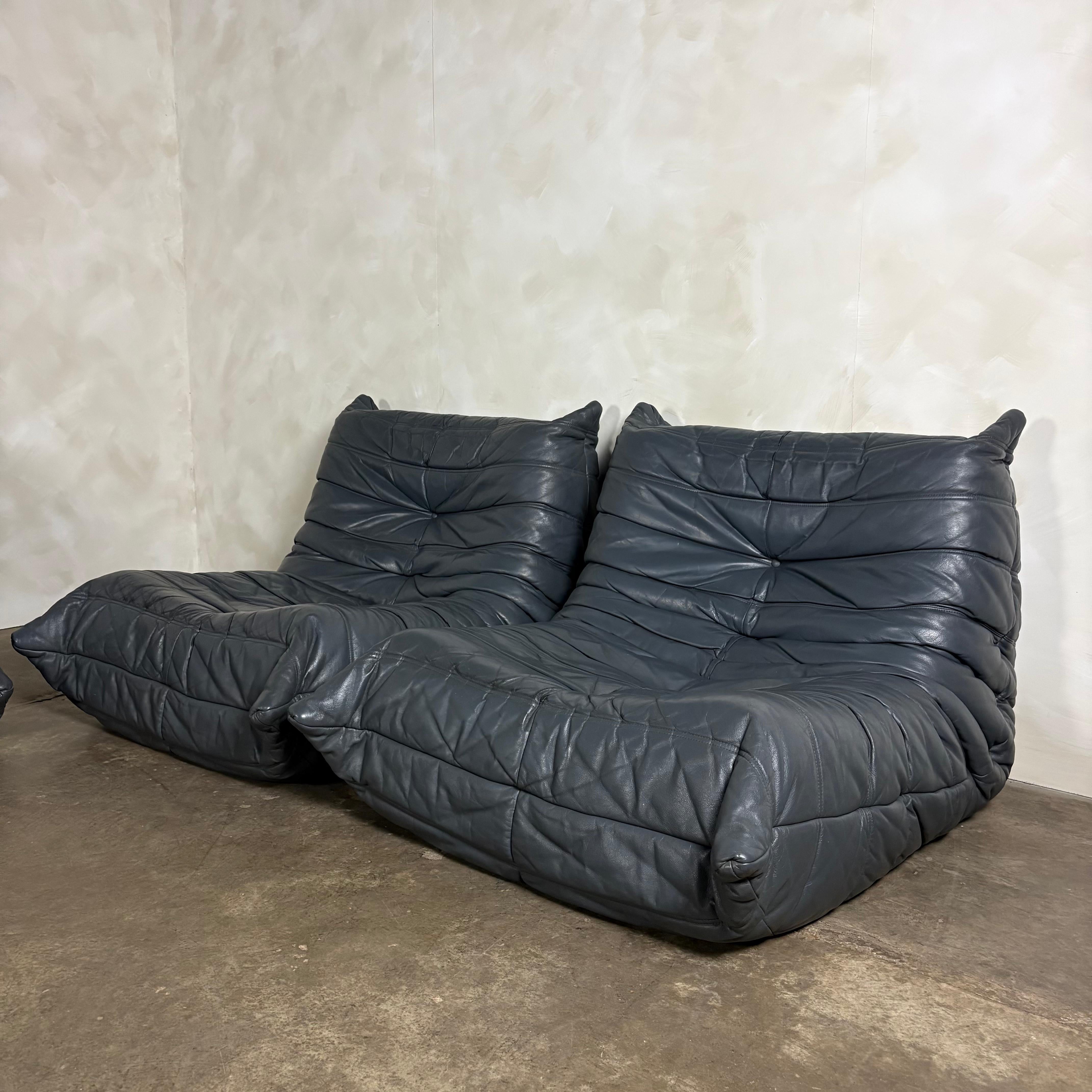 Togo Sofa Set Michel Ducaroy Ligne Roset Grey Leather Mid Century Vintage Retro MCM