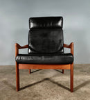 Mid Century Danish Lounge Chair & Ottoman Teak Black Leather By Illum Wikkelsø For Niels Eilersen Vintage Retro MCM
