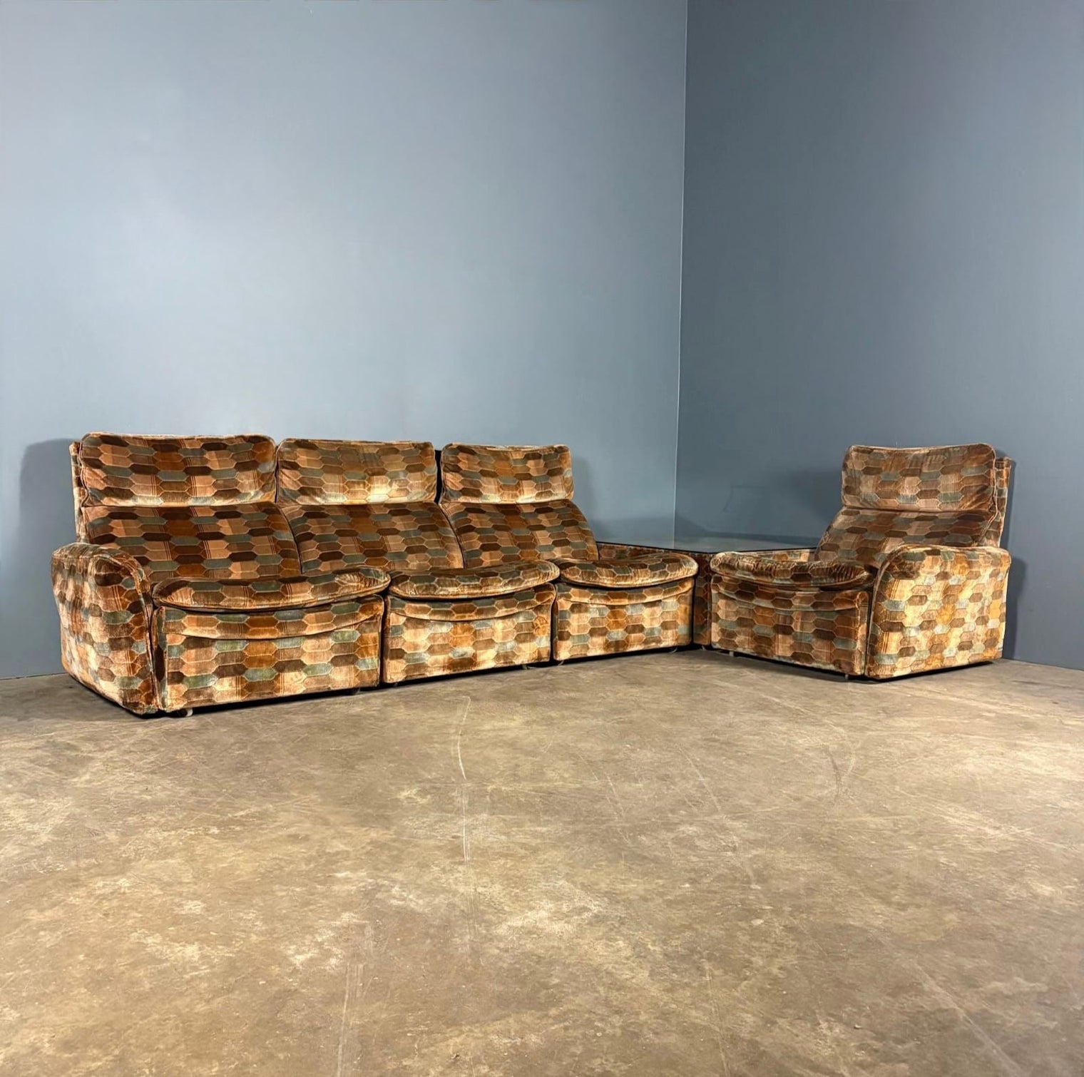 Mid Century Everest Modular Lounge Suite Brown Blue Hexagonal Geometric Vintage Retro MCM