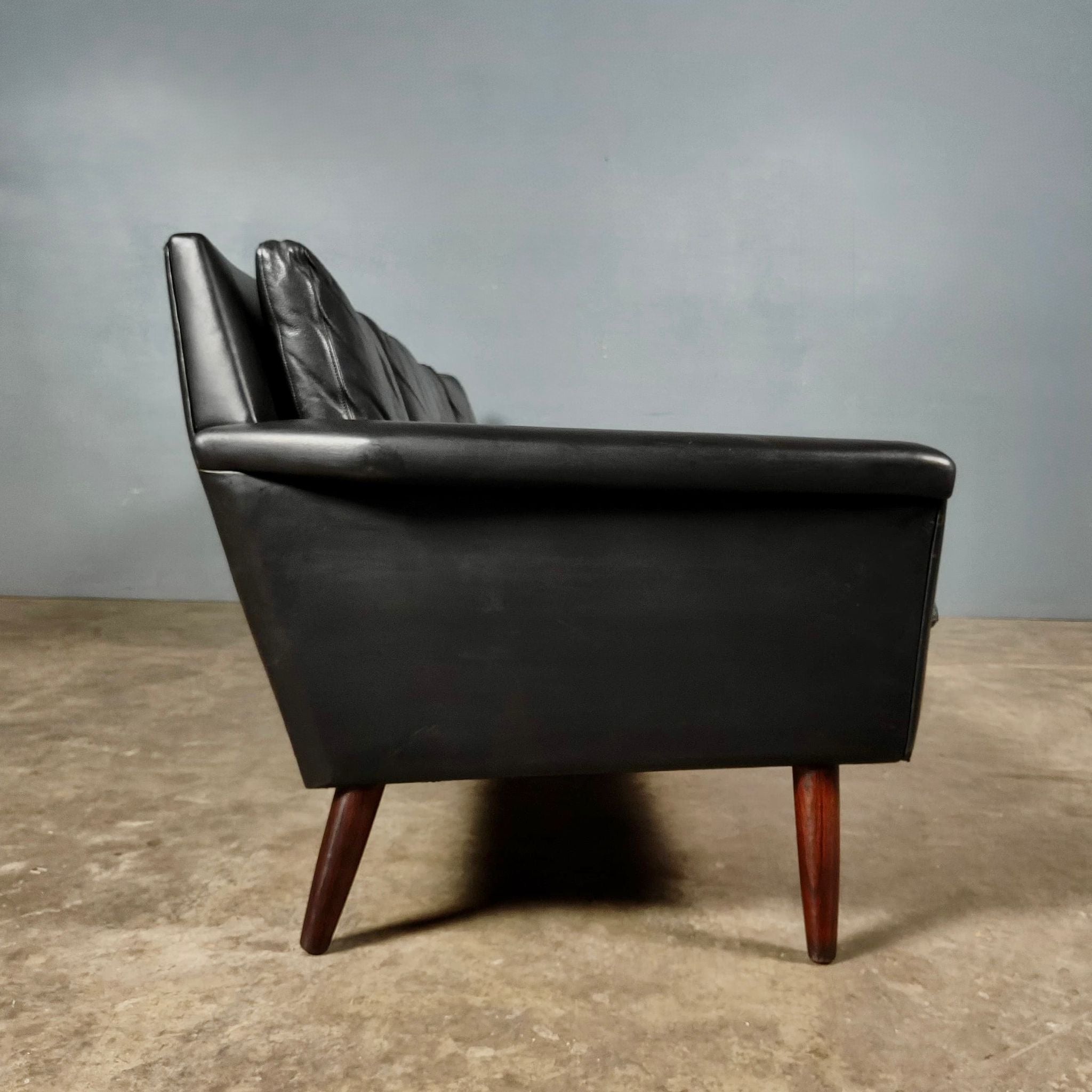 Black Leather Four Seater Sofa Danish 1960s Mid Century Vintage Retro MCM